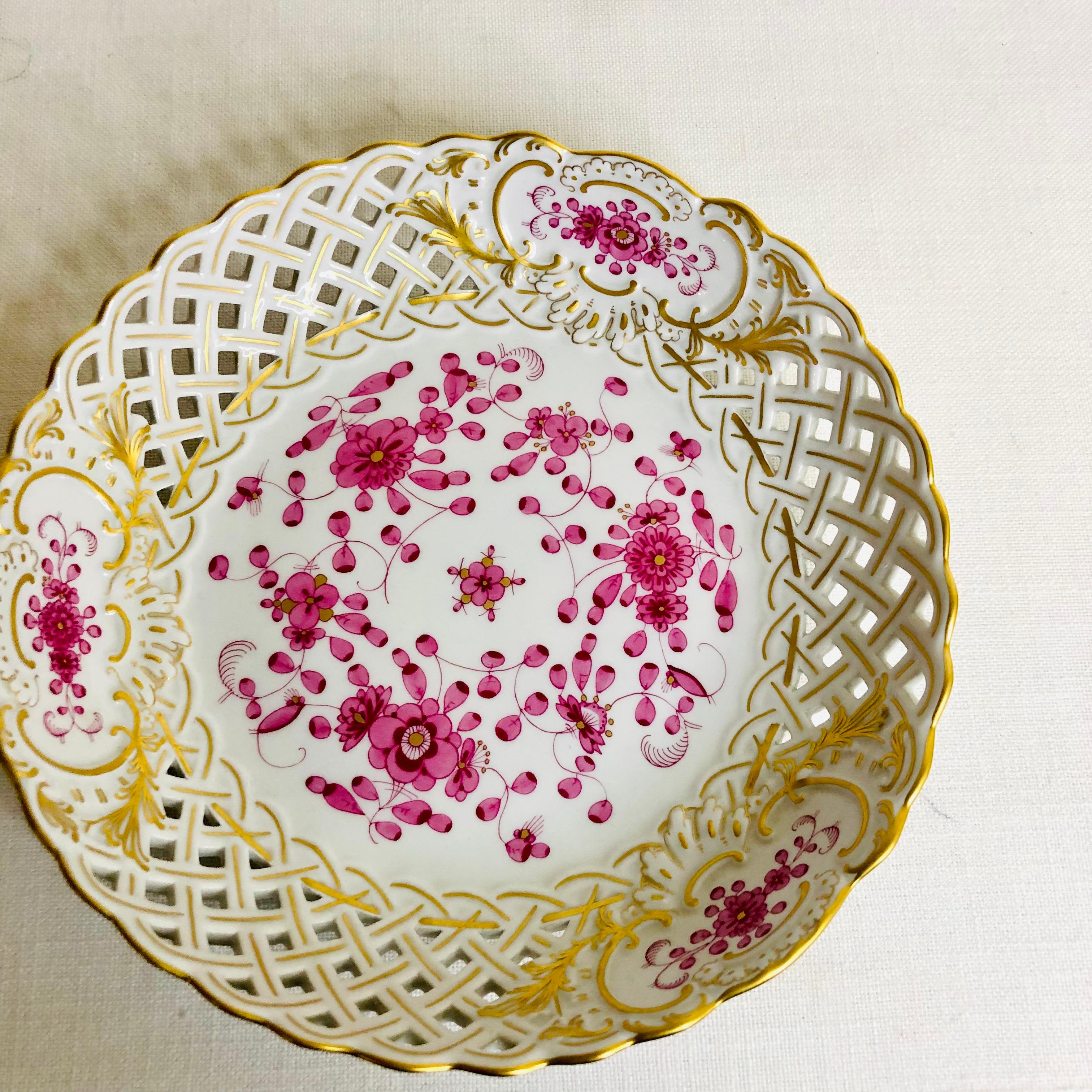 German Meissen Purple Indian Round Reticulated Serving Bowl with Gold Accents