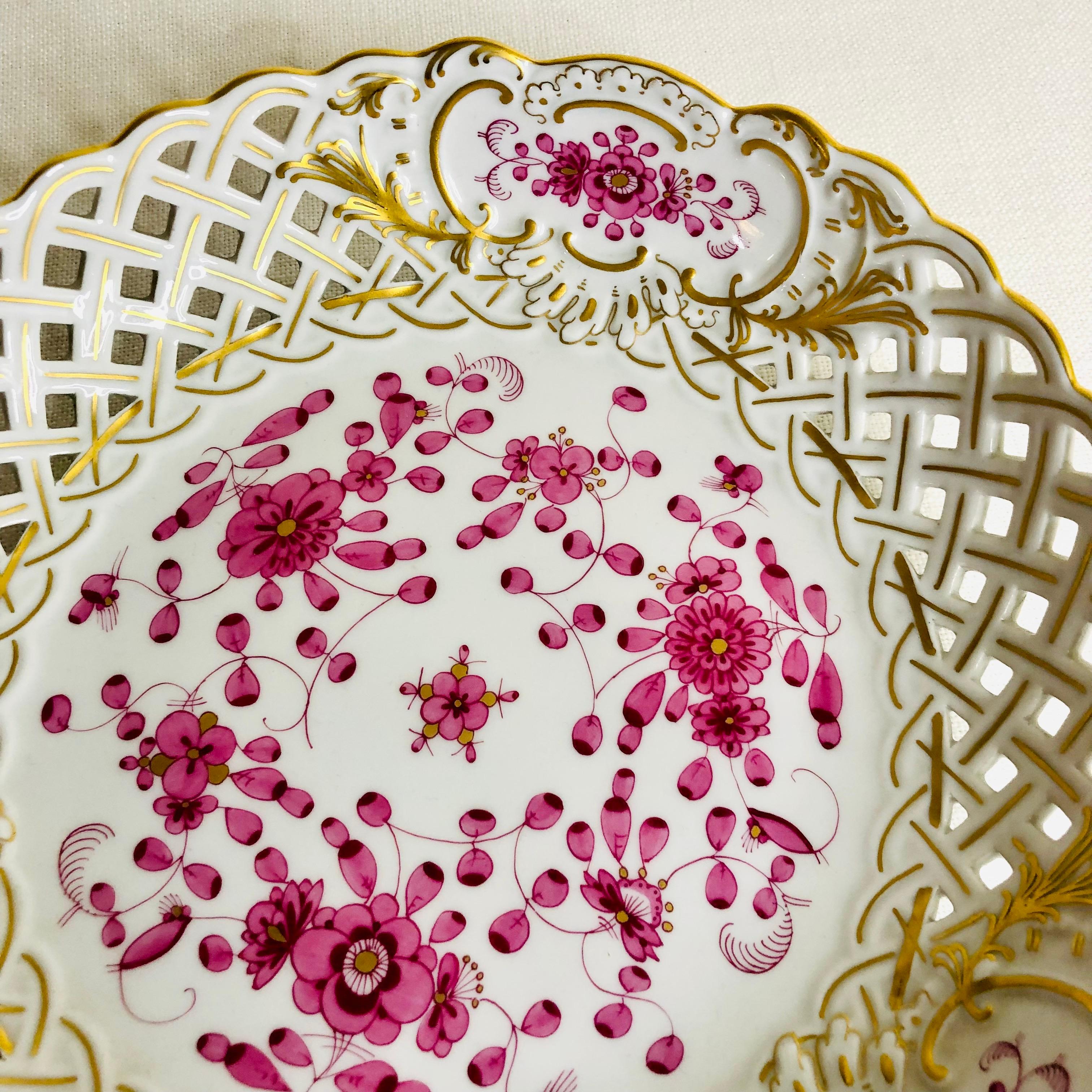 Hand-Painted Meissen Purple Indian Round Reticulated Serving Bowl with Gold Accents