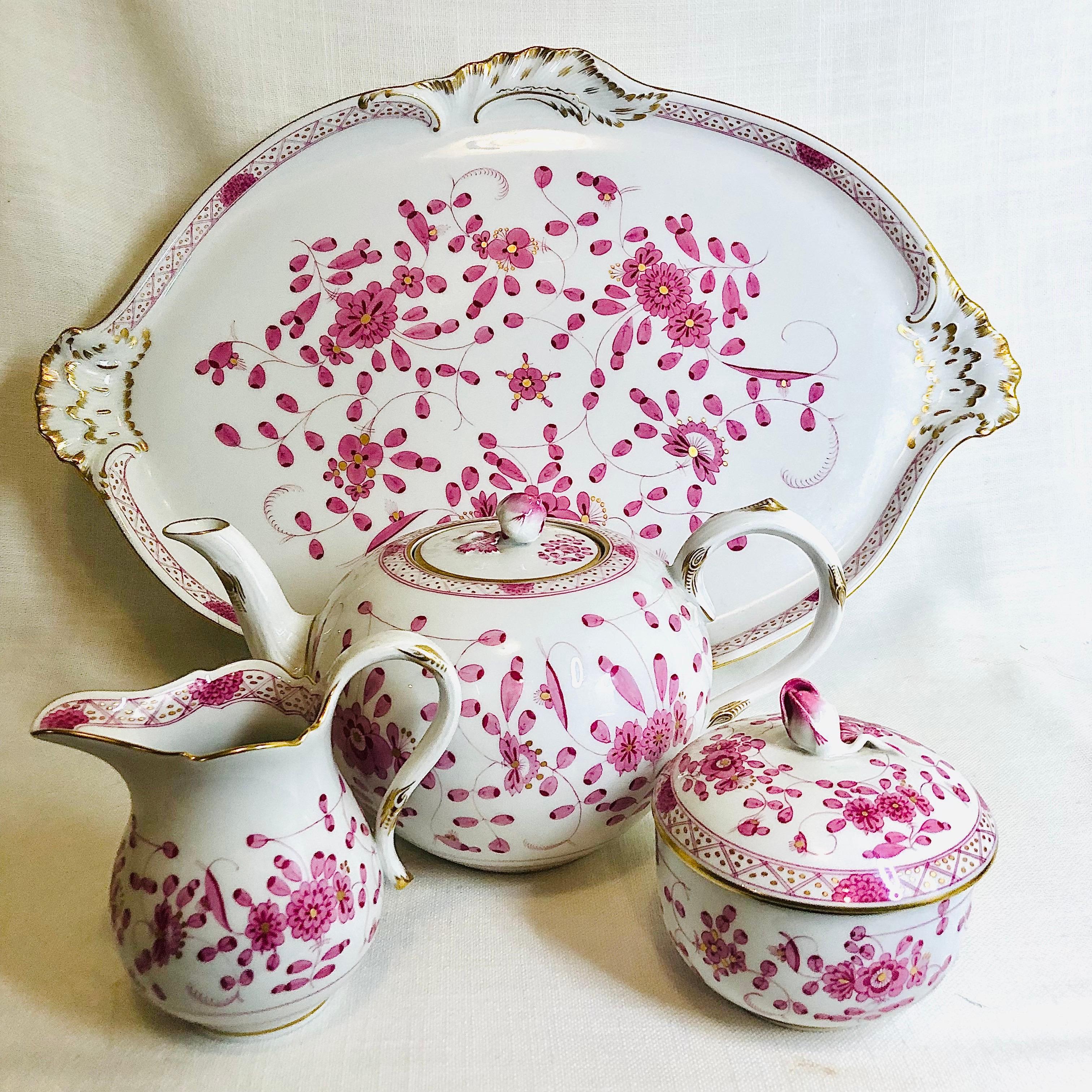 Rococo Meissen Purple Indian Tea Set With Six Cups and Saucers And Serving Tray