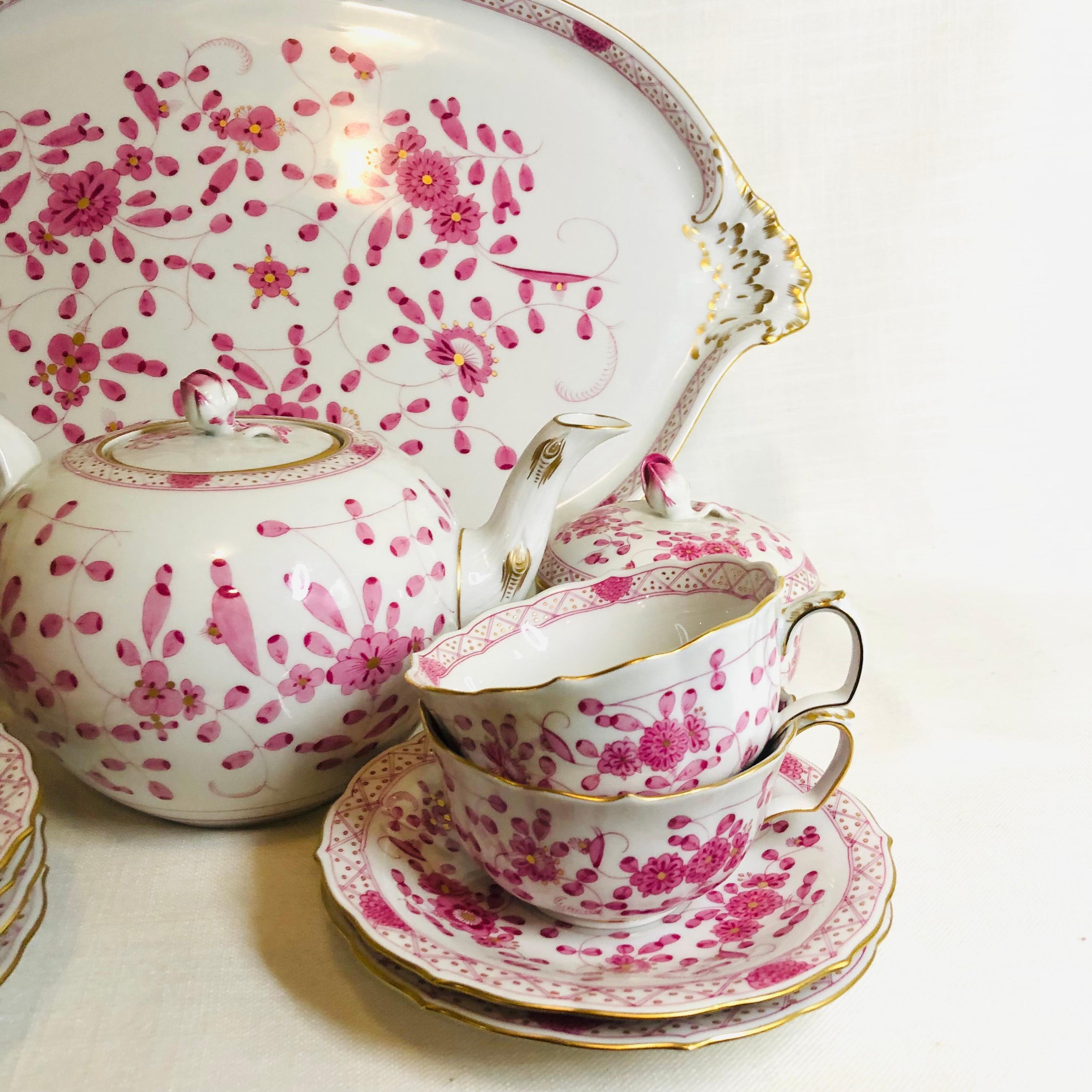 Meissen Purple Indian Tea Set With Six Cups and Saucers And Serving Tray In Good Condition In Boston, MA