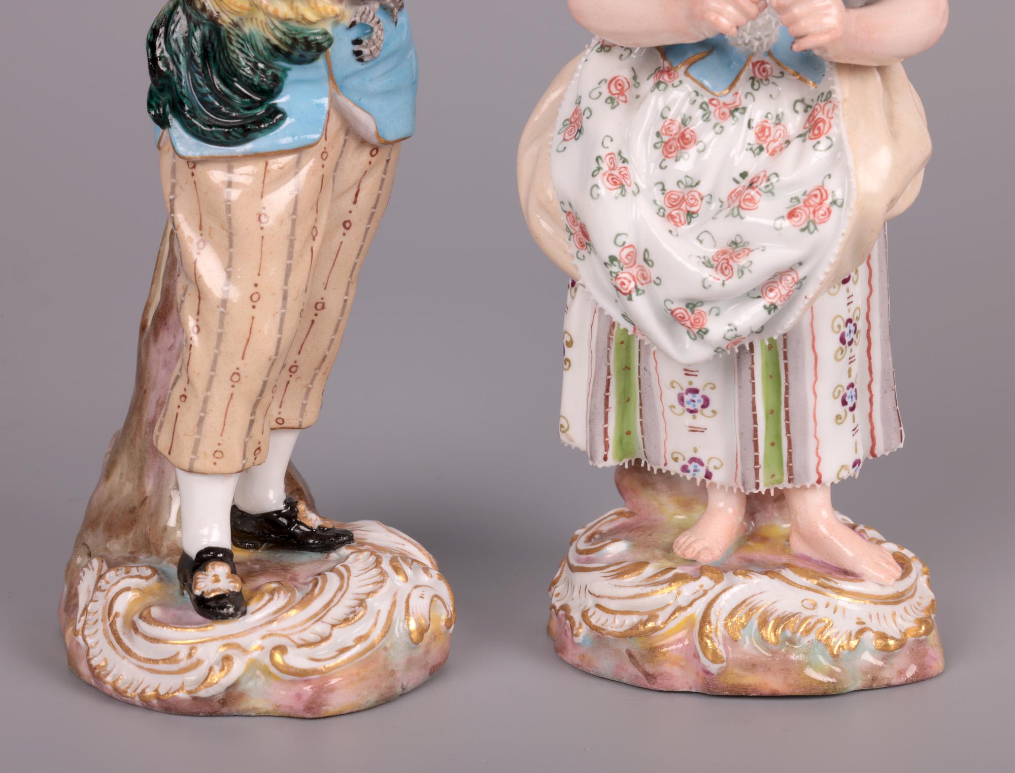 Hand-Crafted Meissen Rare Pair Porcelain Figures Holding Birds by Kändler For Sale