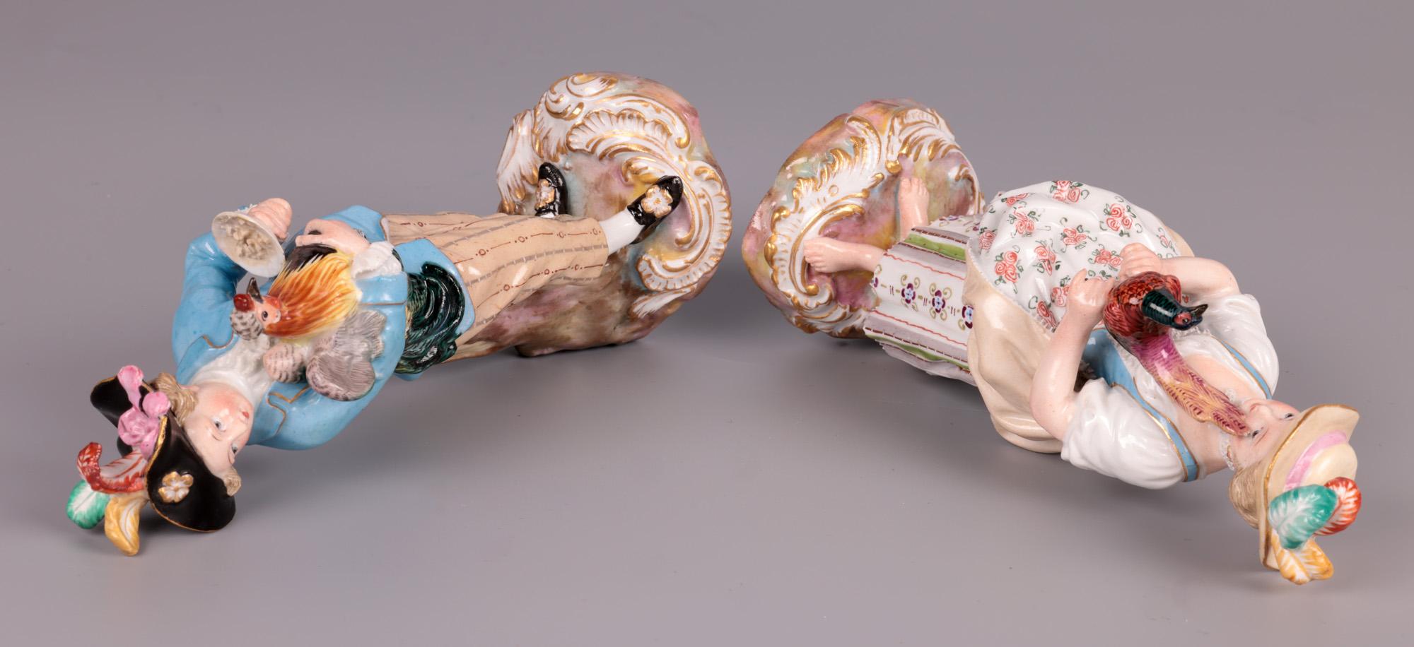 19th Century Meissen Rare Pair Porcelain Figures Holding Birds by Kändler For Sale