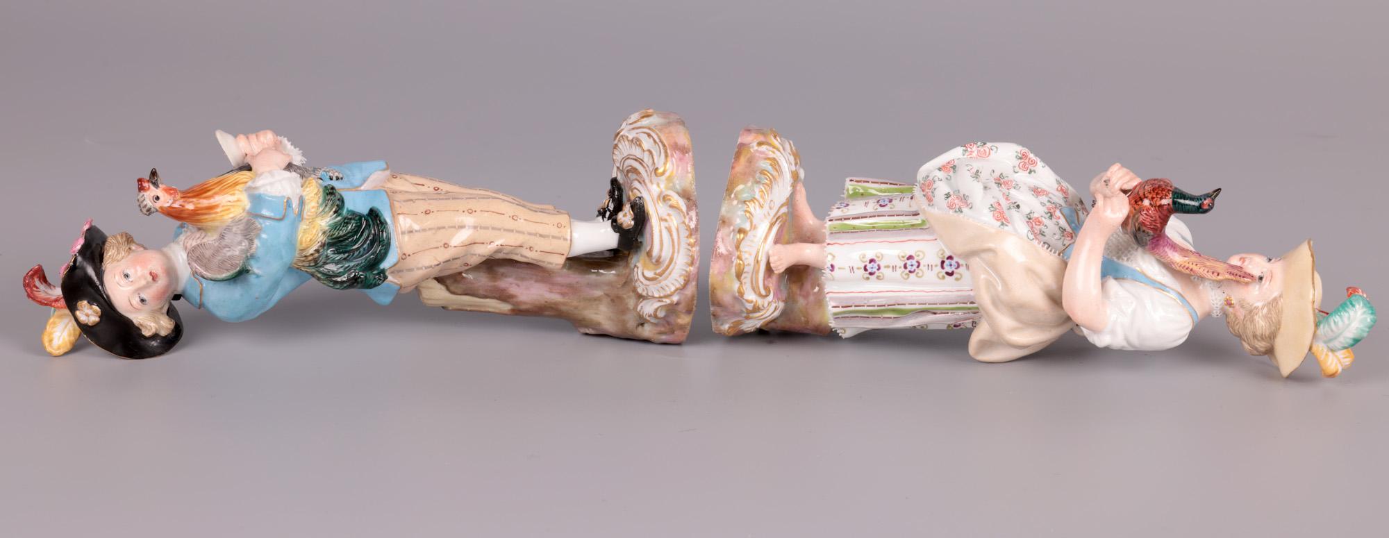 Meissen Rare Pair Porcelain Figures Holding Birds by Kändler For Sale 3