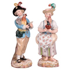 Antique Meissen Rare Pair Porcelain Figures Holding Birds by Kändler