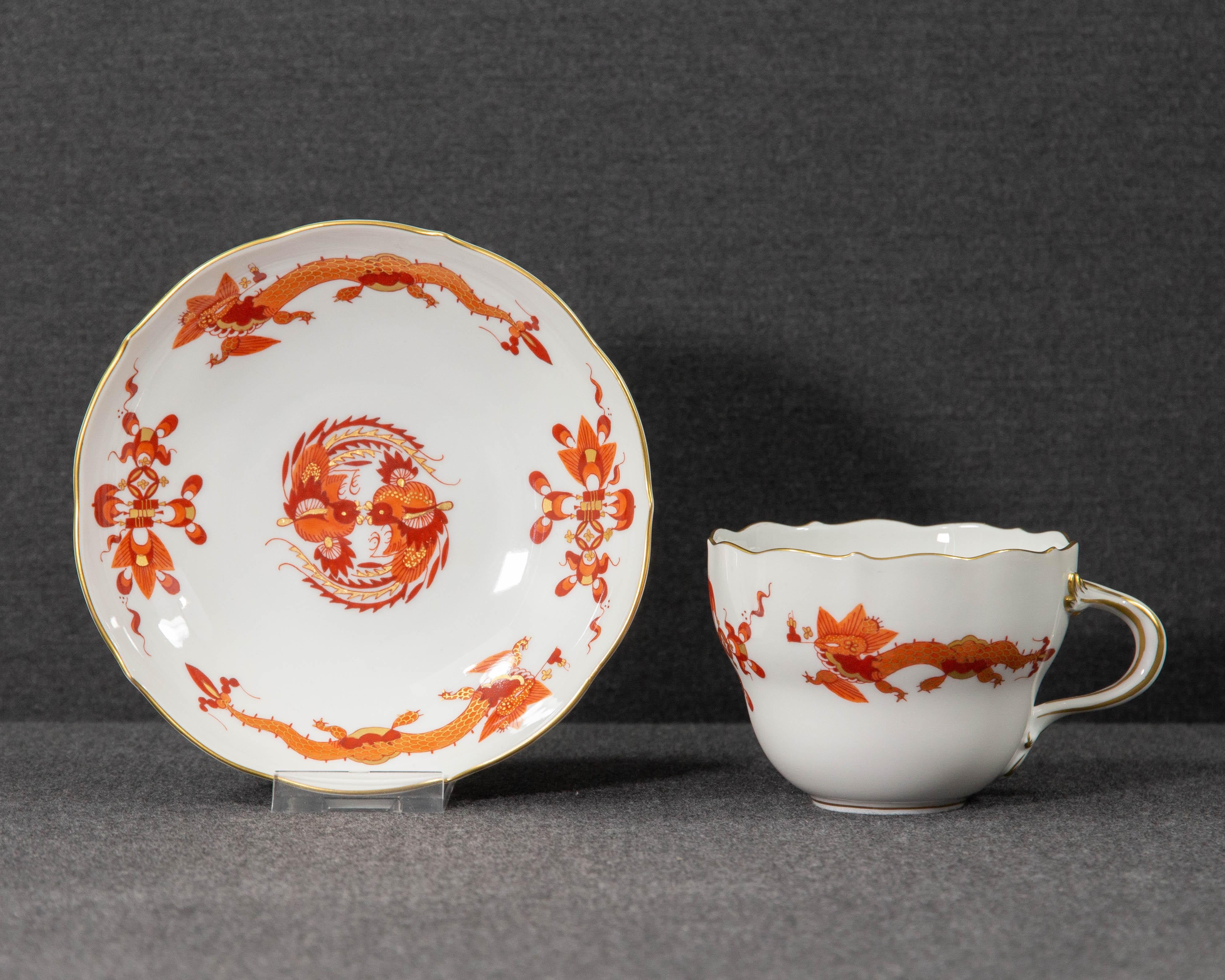 German Meissen, Red Dragon, Teacup and Saucer