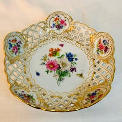 Meissen Reticulated and Fluted Bowl With central Flower Bouquet and Insects