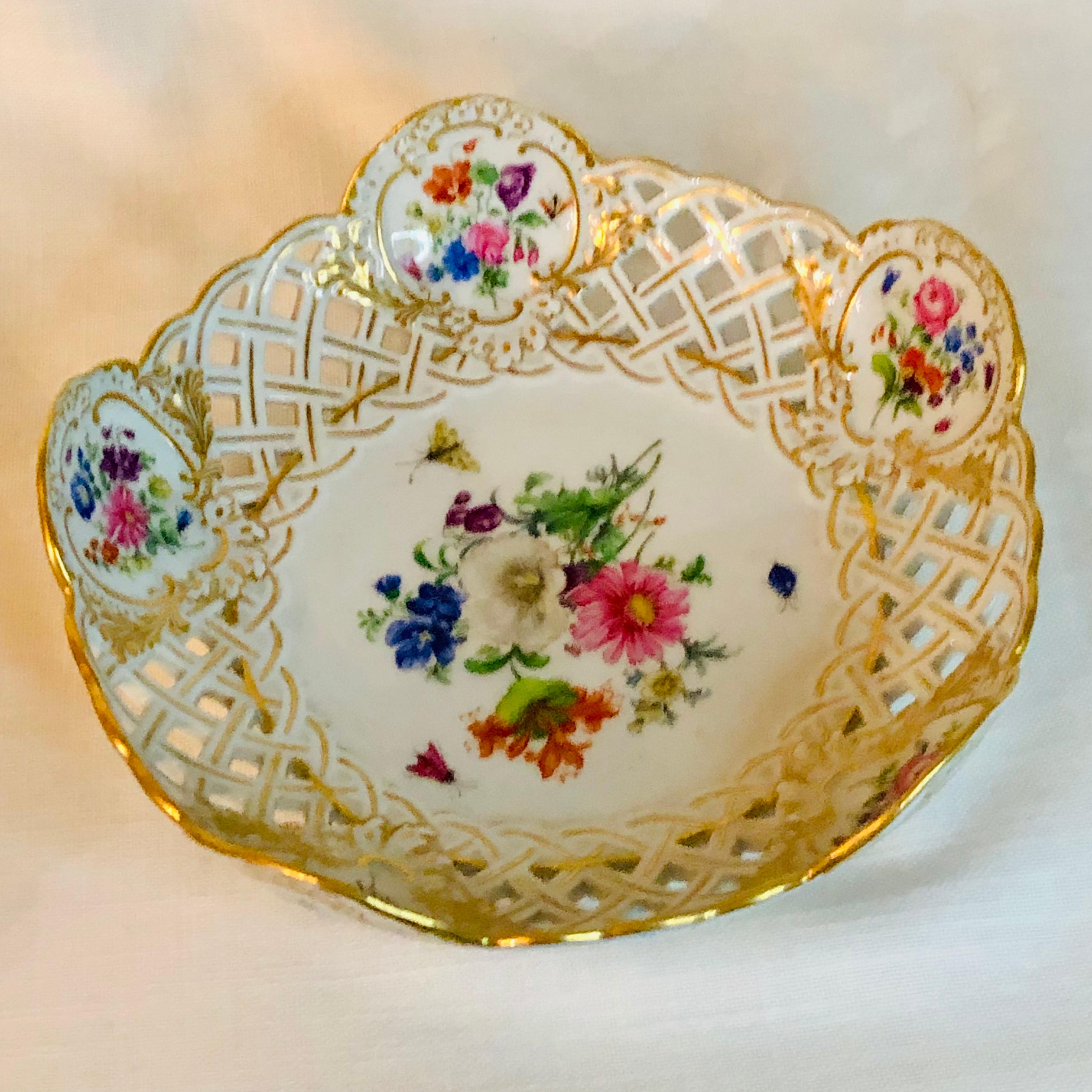 German Meissen Reticulated and Fluted Bowl With central Flower Bouquet and Insects For Sale