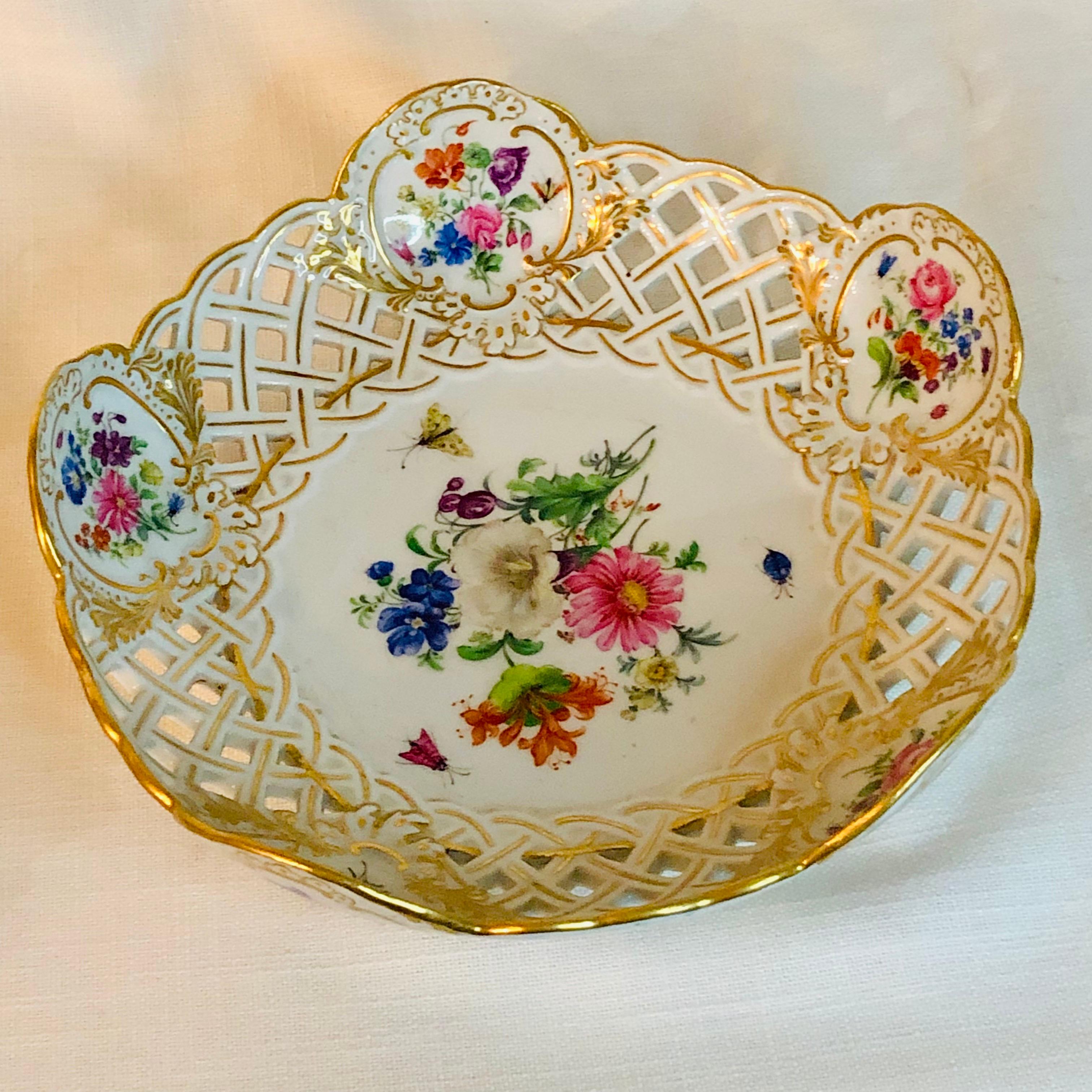 Hand-Painted Meissen Reticulated and Fluted Bowl With central Flower Bouquet and Insects For Sale