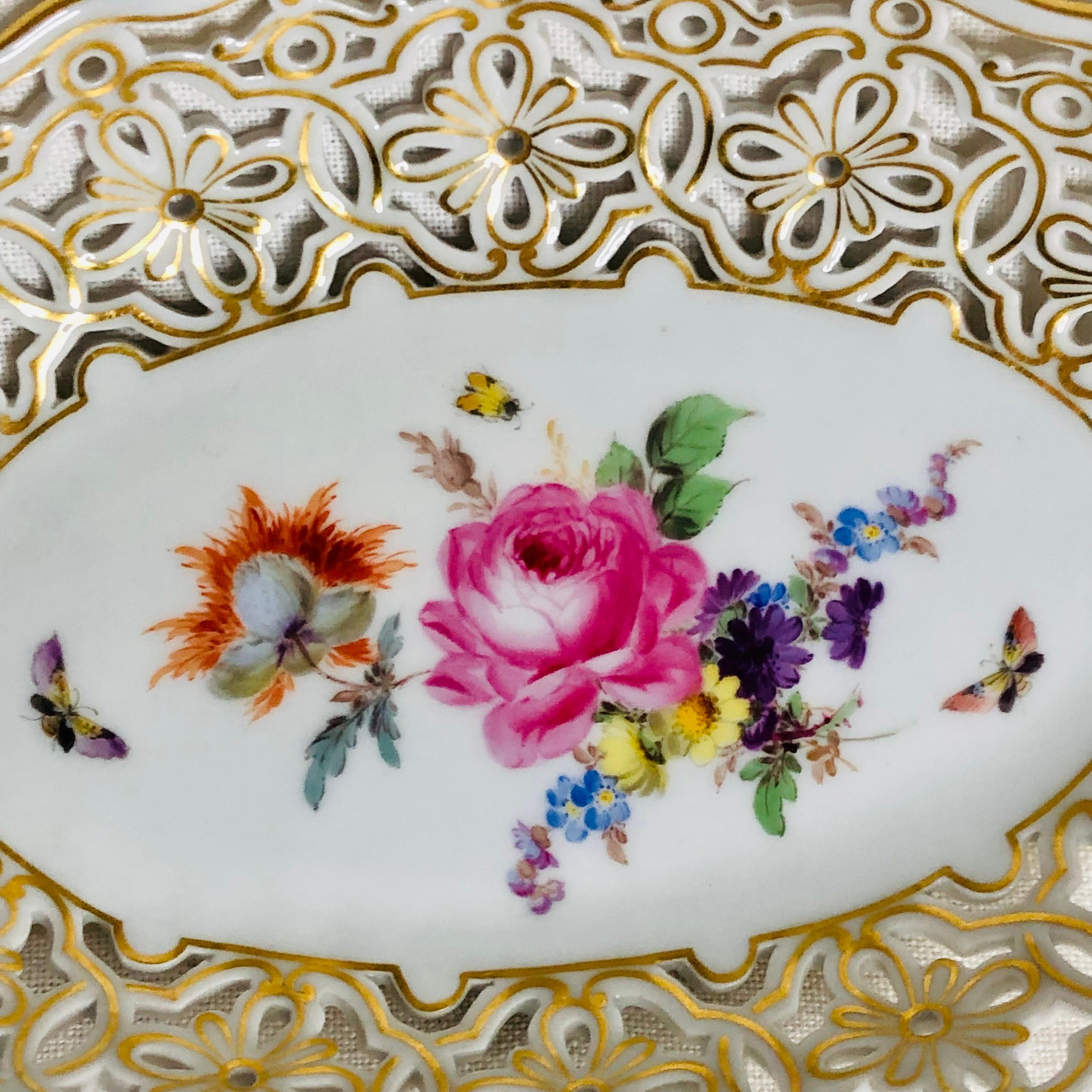 Rococo Meissen Reticulated Bowl With Flower Bouquet & Accents of Butterflies & Insects For Sale
