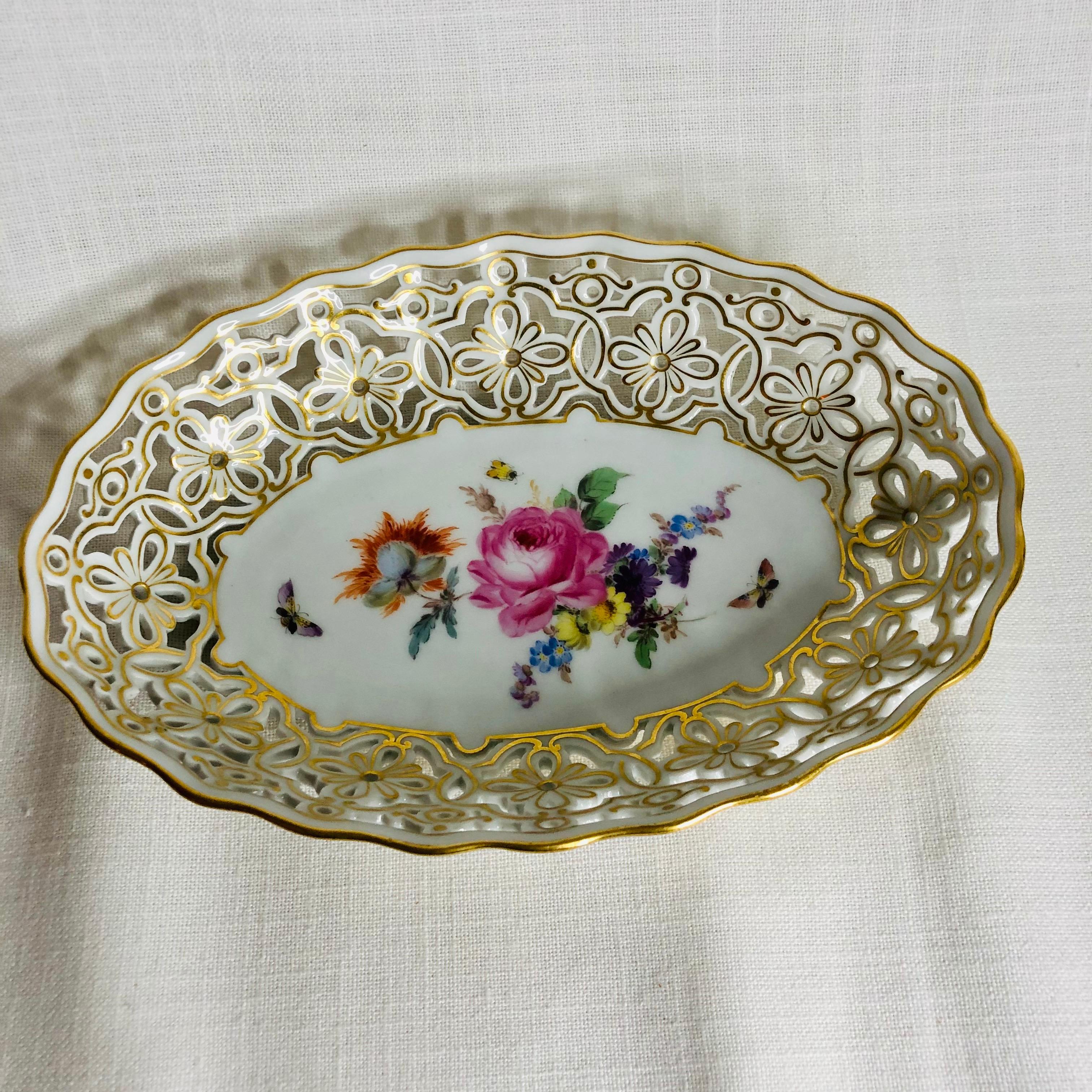 German Meissen Reticulated Bowl With Flower Bouquet & Accents of Butterflies & Insects For Sale