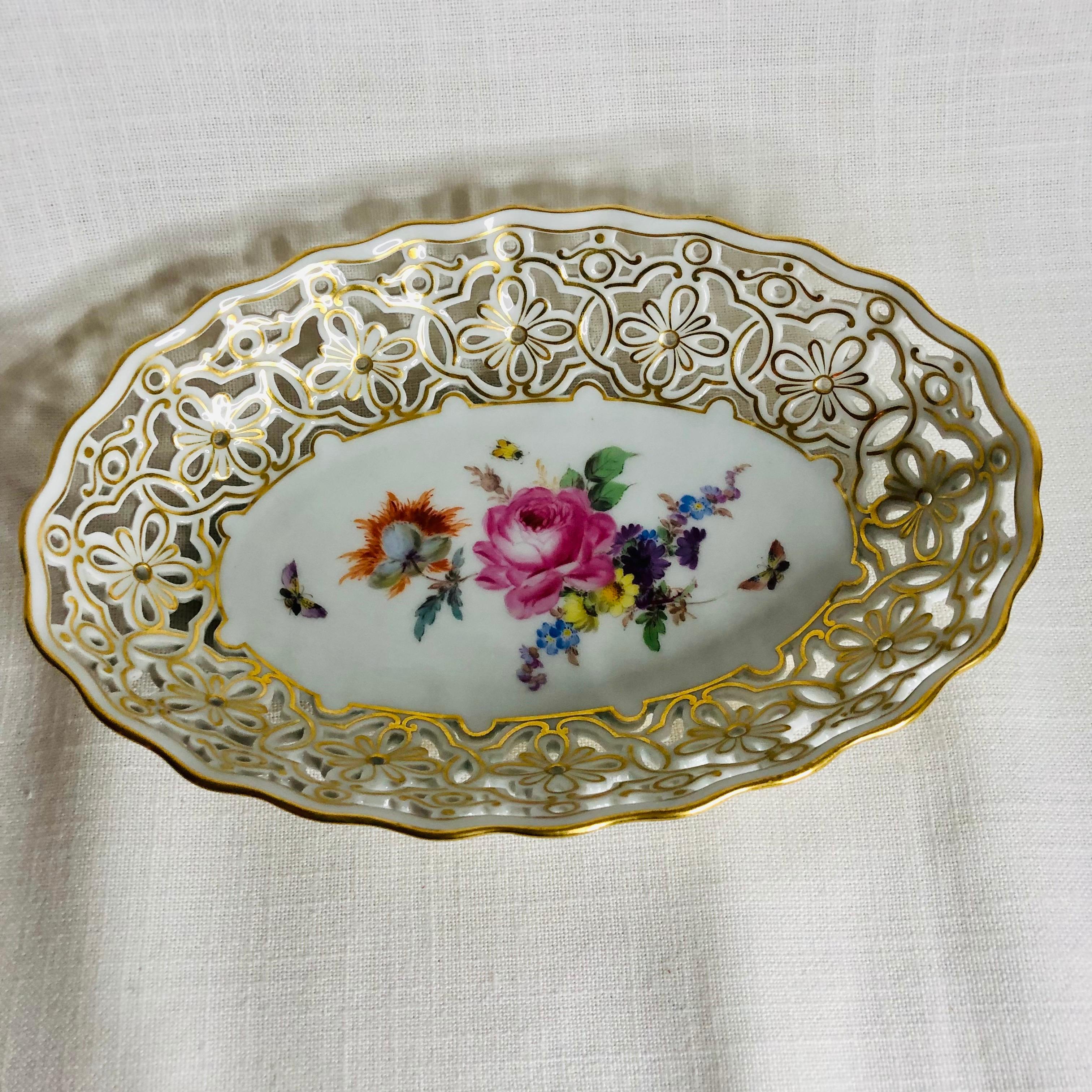 Hand-Painted Meissen Reticulated Bowl With Flower Bouquet & Accents of Butterflies & Insects For Sale