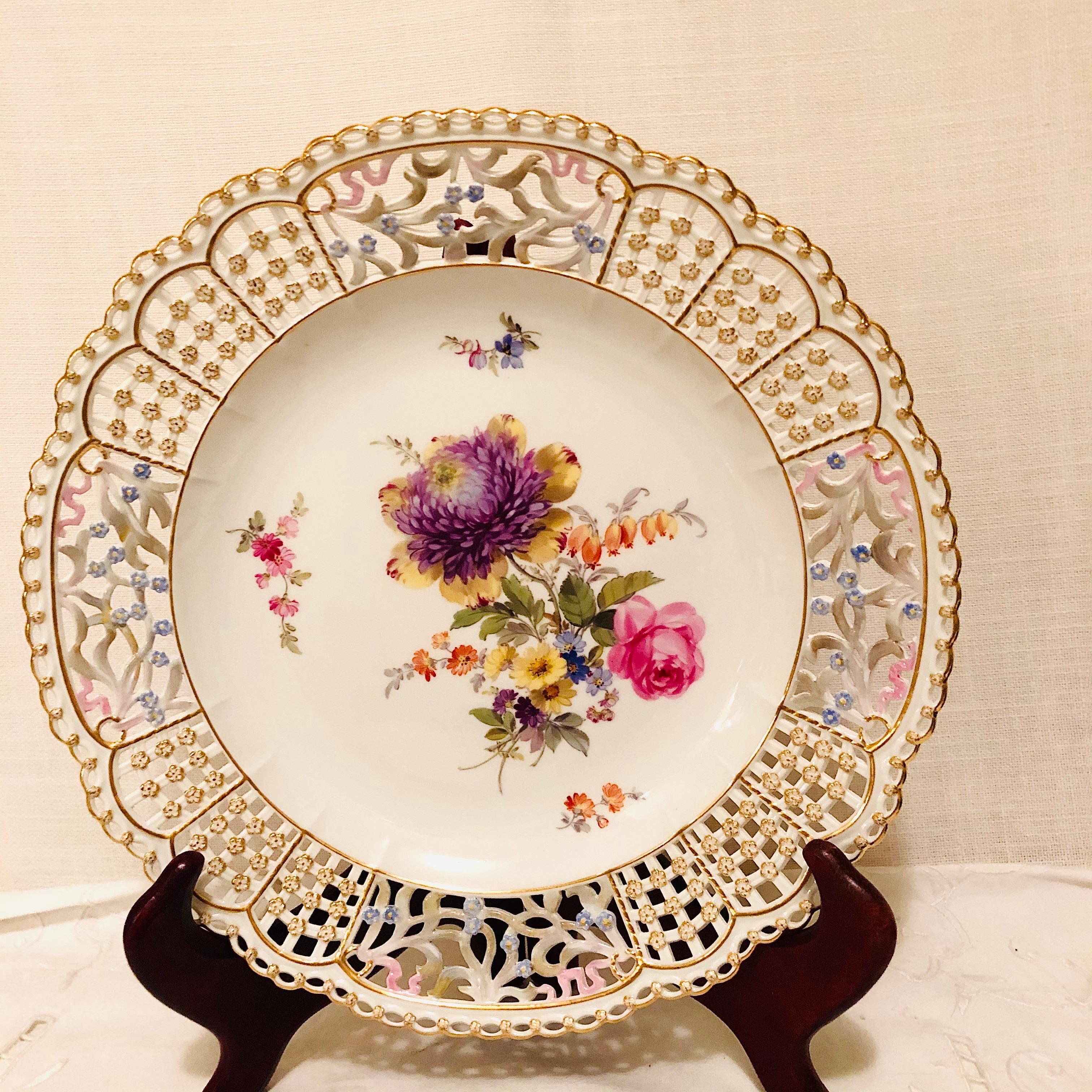 Romantic Meissen Reticulated Cabinet Plate with Flower Bouquet and Raised Forget Me Nots For Sale