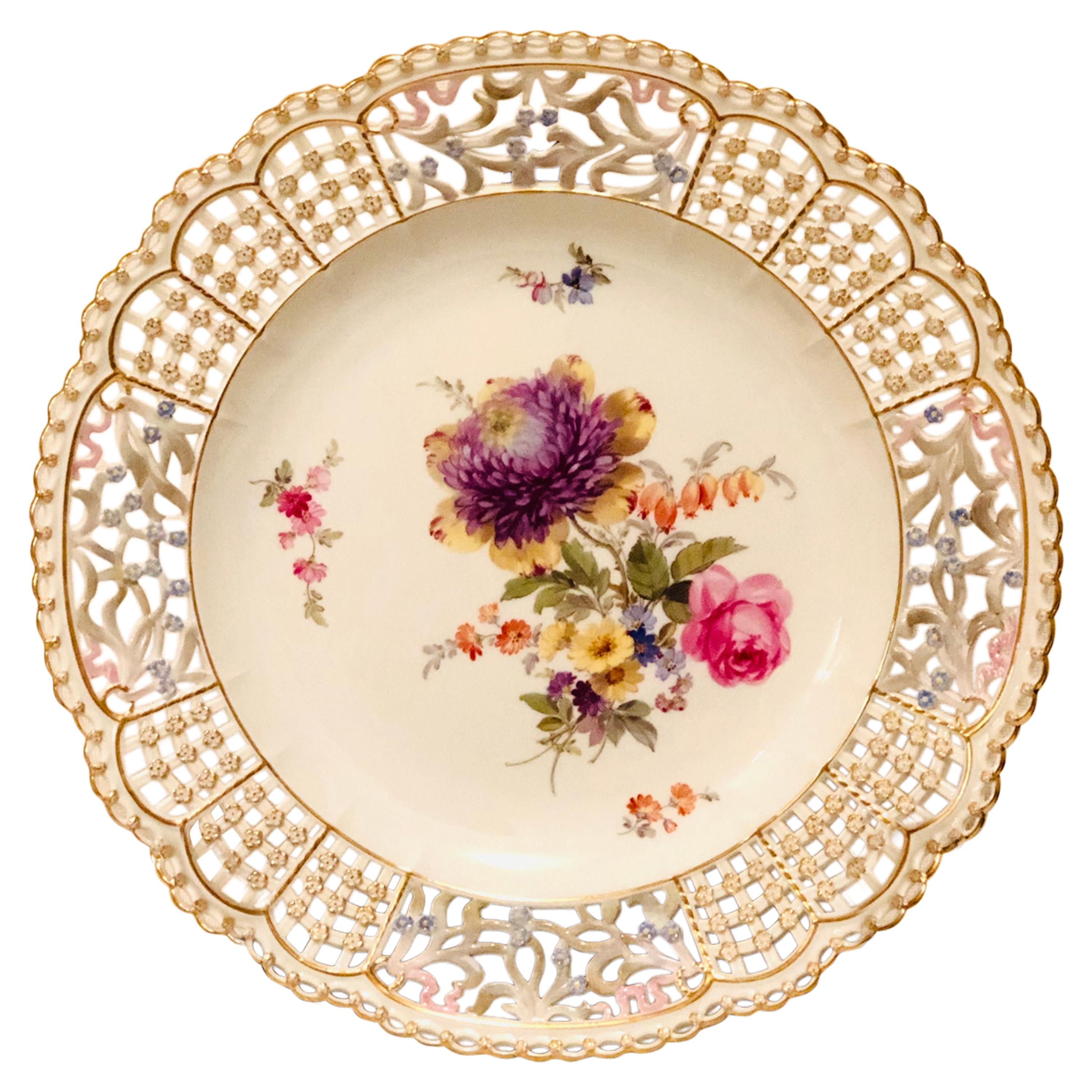Meissen Reticulated Cabinet Plate with Flower Bouquet and Raised Forget Me Nots For Sale