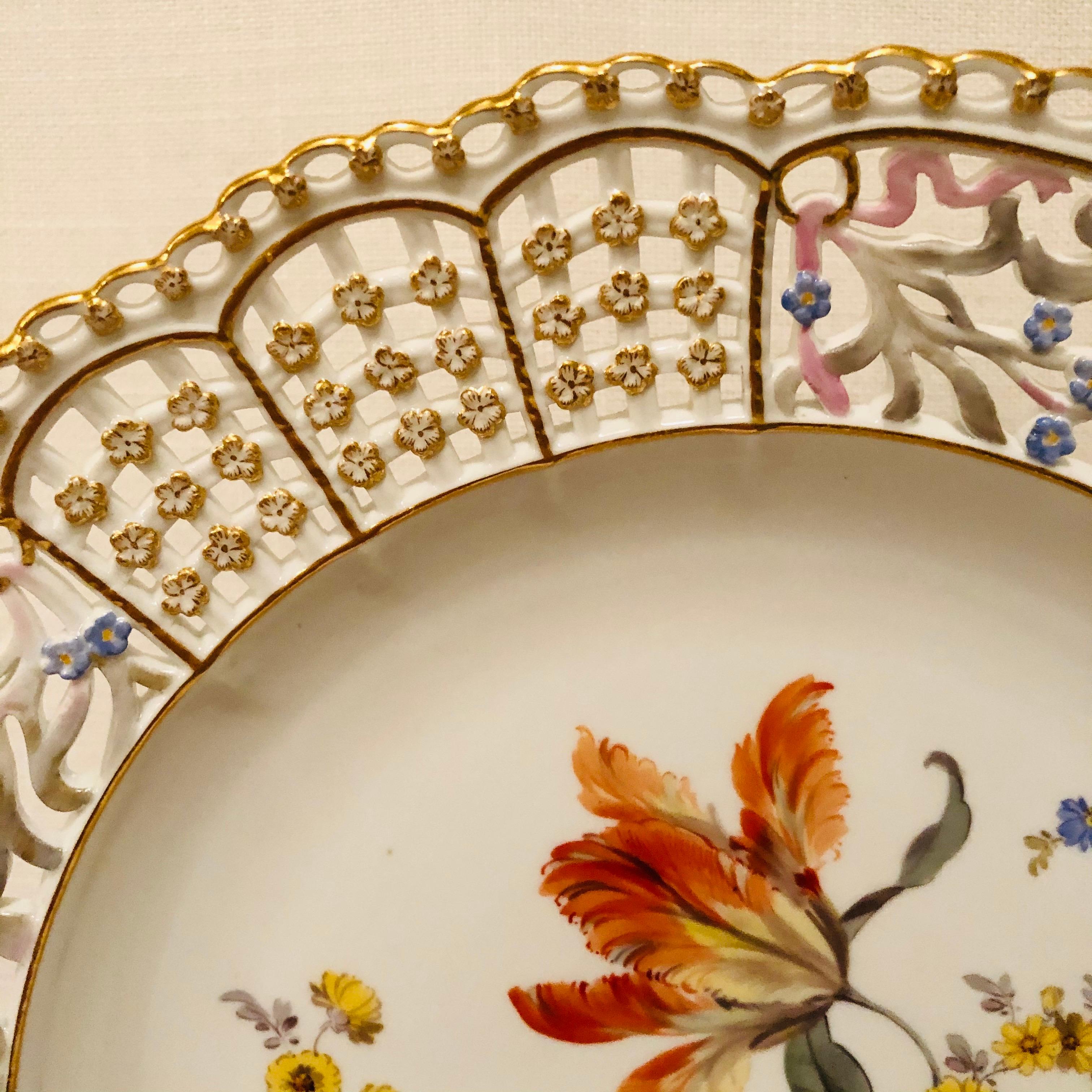 Romantic Meissen Reticulated Cabinet Plate with Large Bouquet and Raised Forget Me Nots