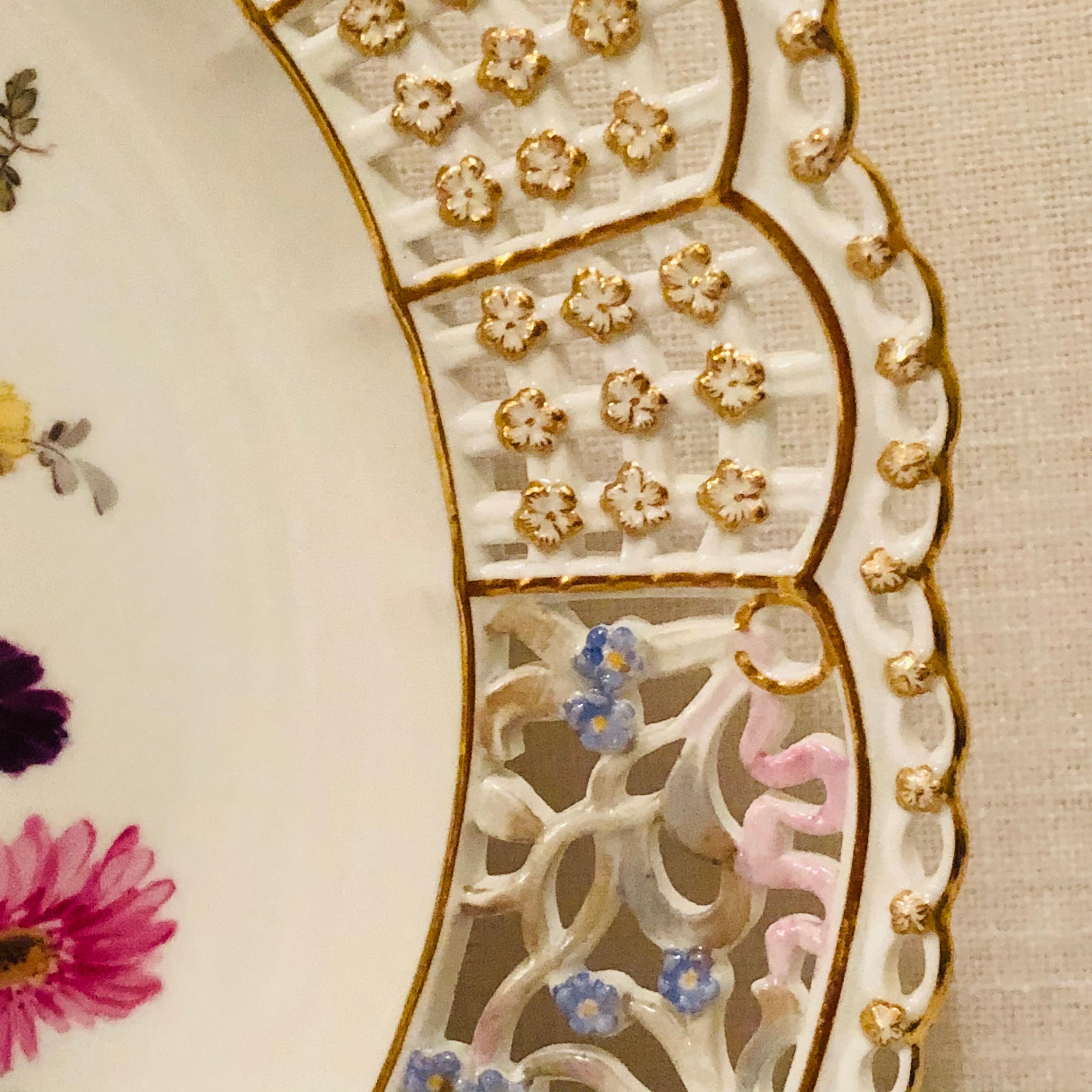 Hand-Painted Meissen Reticulated Cabinet Plate with Large Bouquet and Raised Forget Me Nots