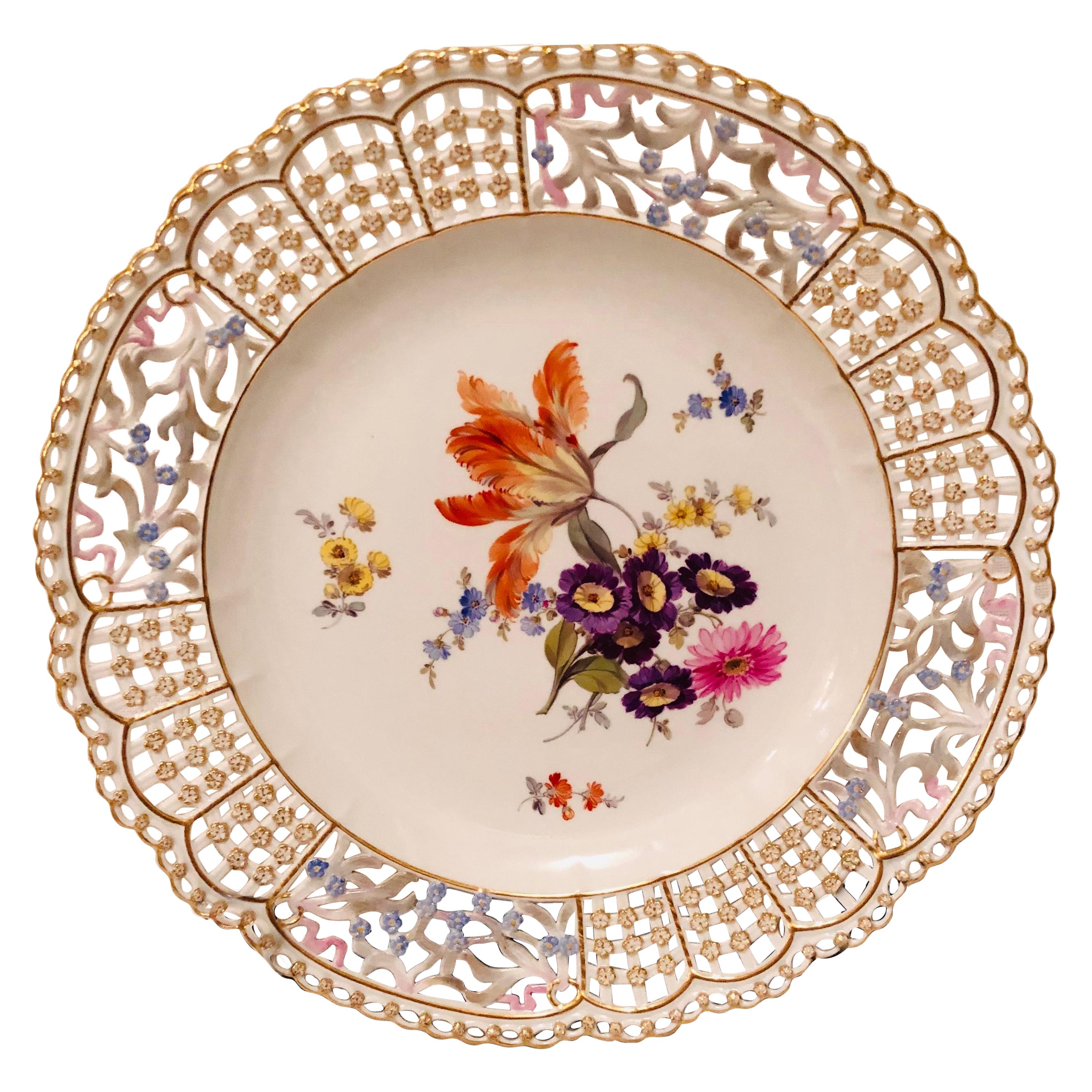 Meissen Reticulated Cabinet Plate with Large Bouquet and Raised Forget Me Nots