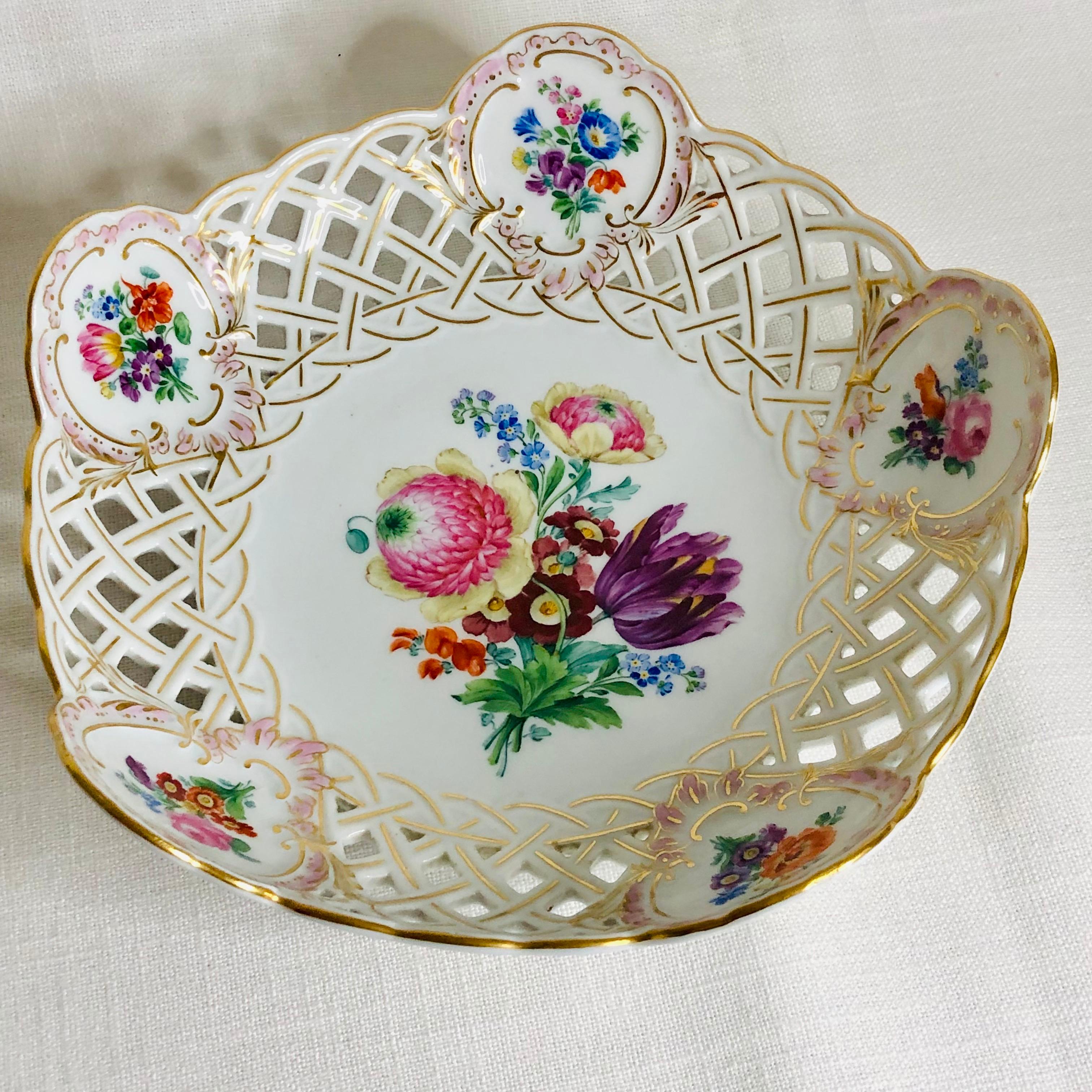 Rococo Meissen Reticulated Fluted Bowl with a Bright & Colorful Central Flower Bouquet For Sale