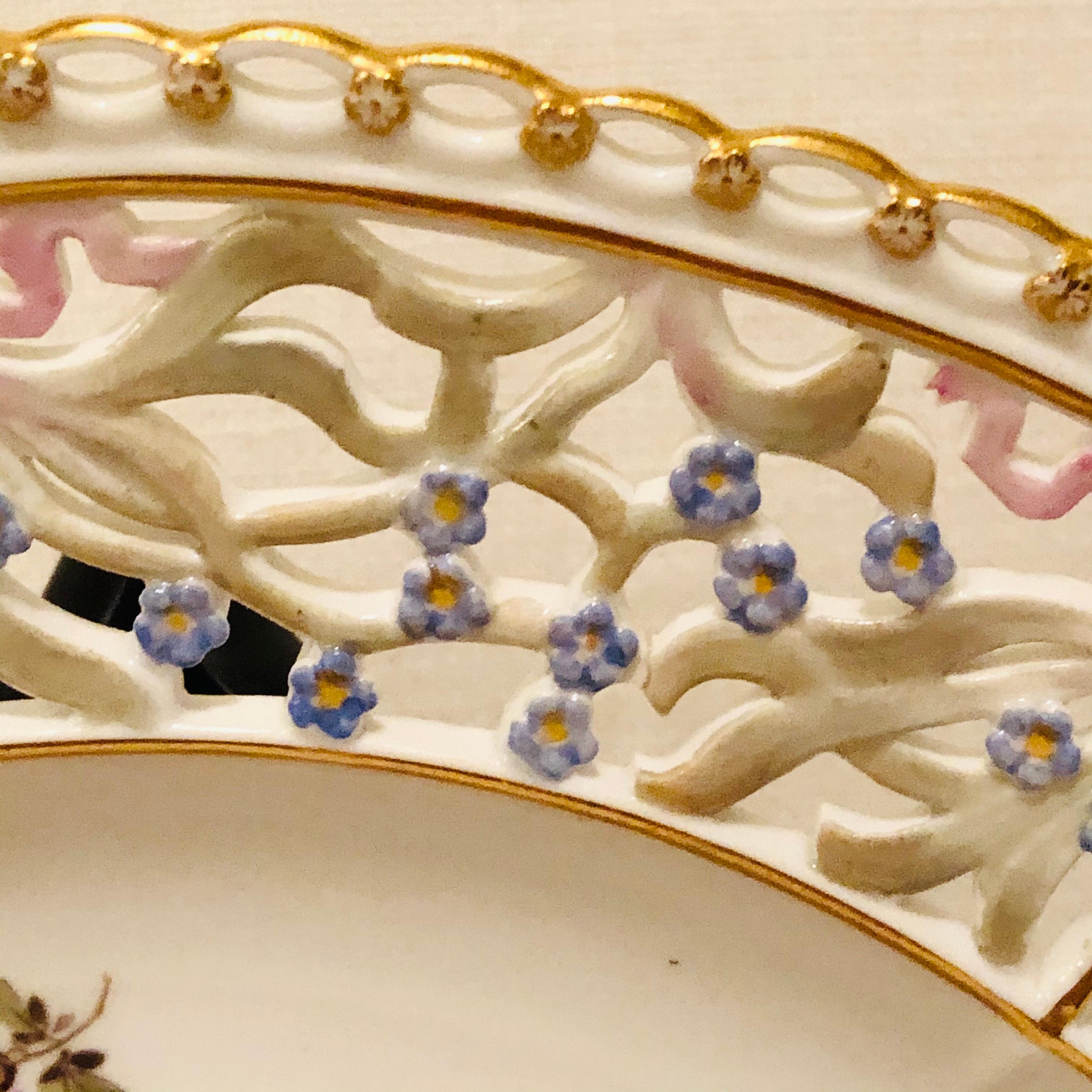 Hand-Painted Meissen Reticulated Plate Painted with Flower Bouquet and Raised Forget Me Nots