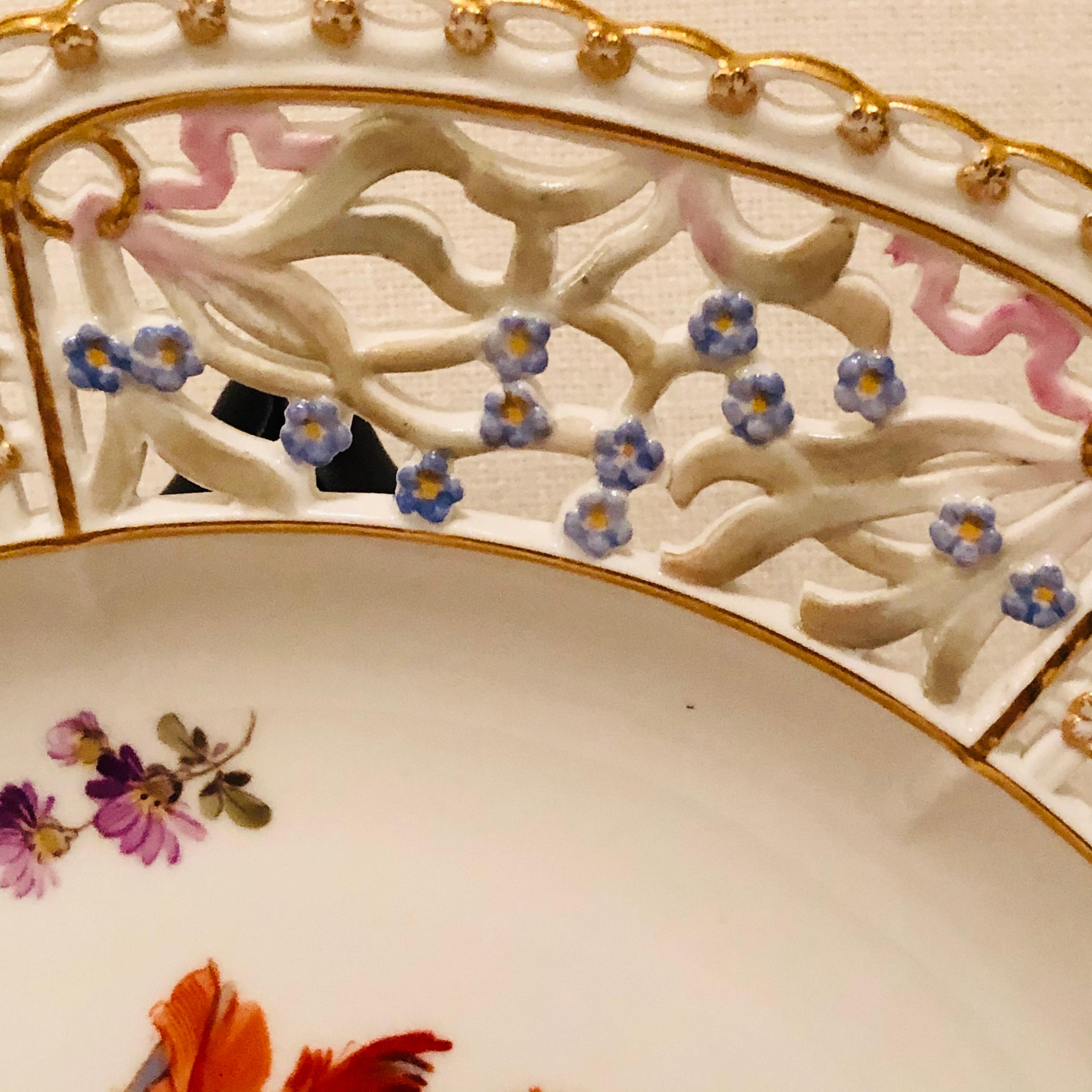 Late 19th Century Meissen Reticulated Plate Painted with Flower Bouquet and Raised Forget Me Nots