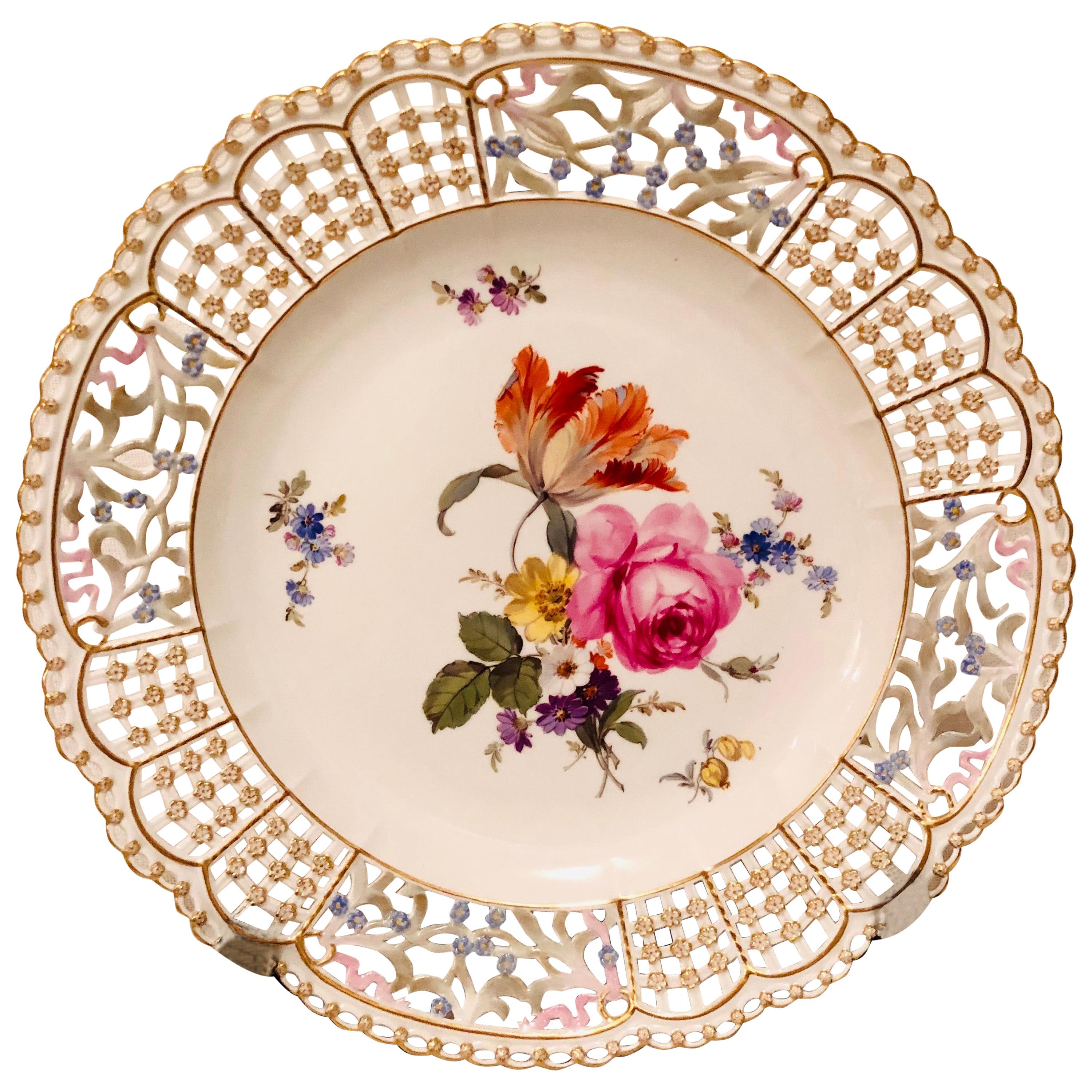 Meissen Reticulated Plate Painted with Flower Bouquet and Raised Forget Me Nots