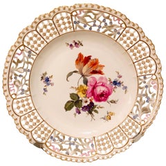 Antique Meissen Reticulated Plate Painted with Flower Bouquet and Raised Forget Me Nots