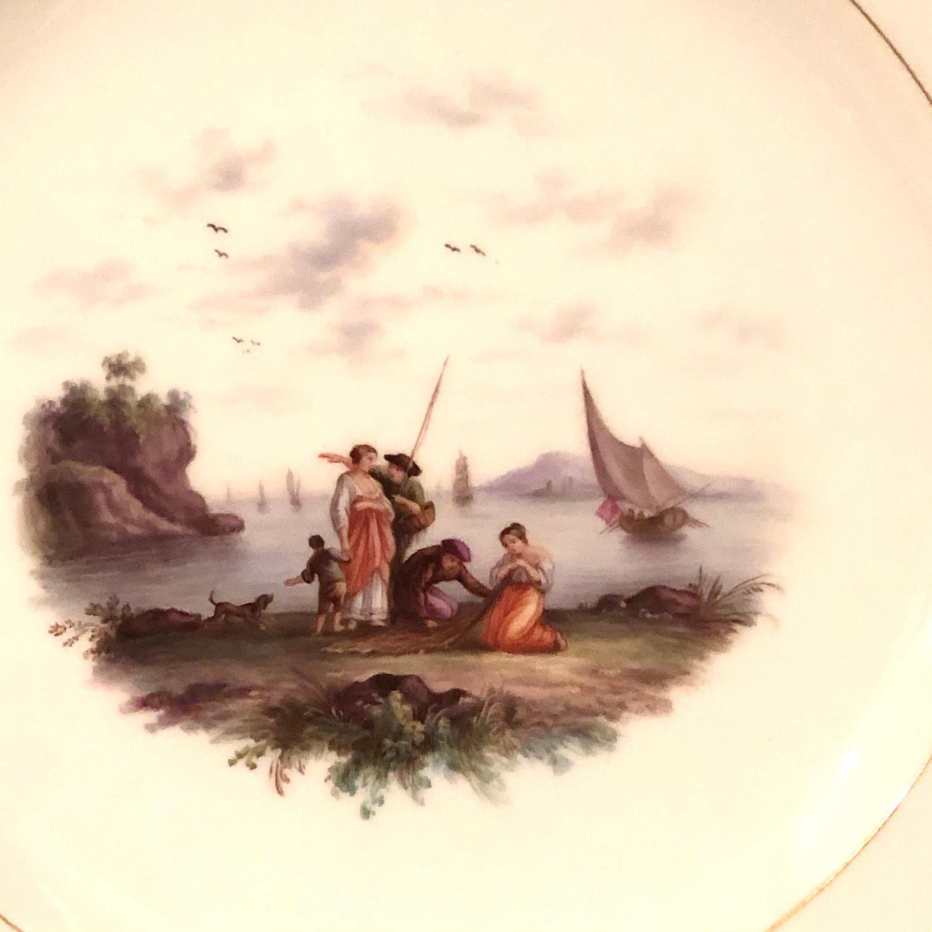 Hand-Painted Meissen Reticulated Plate with Raised Forget Me Nots and Painting of a Seascape