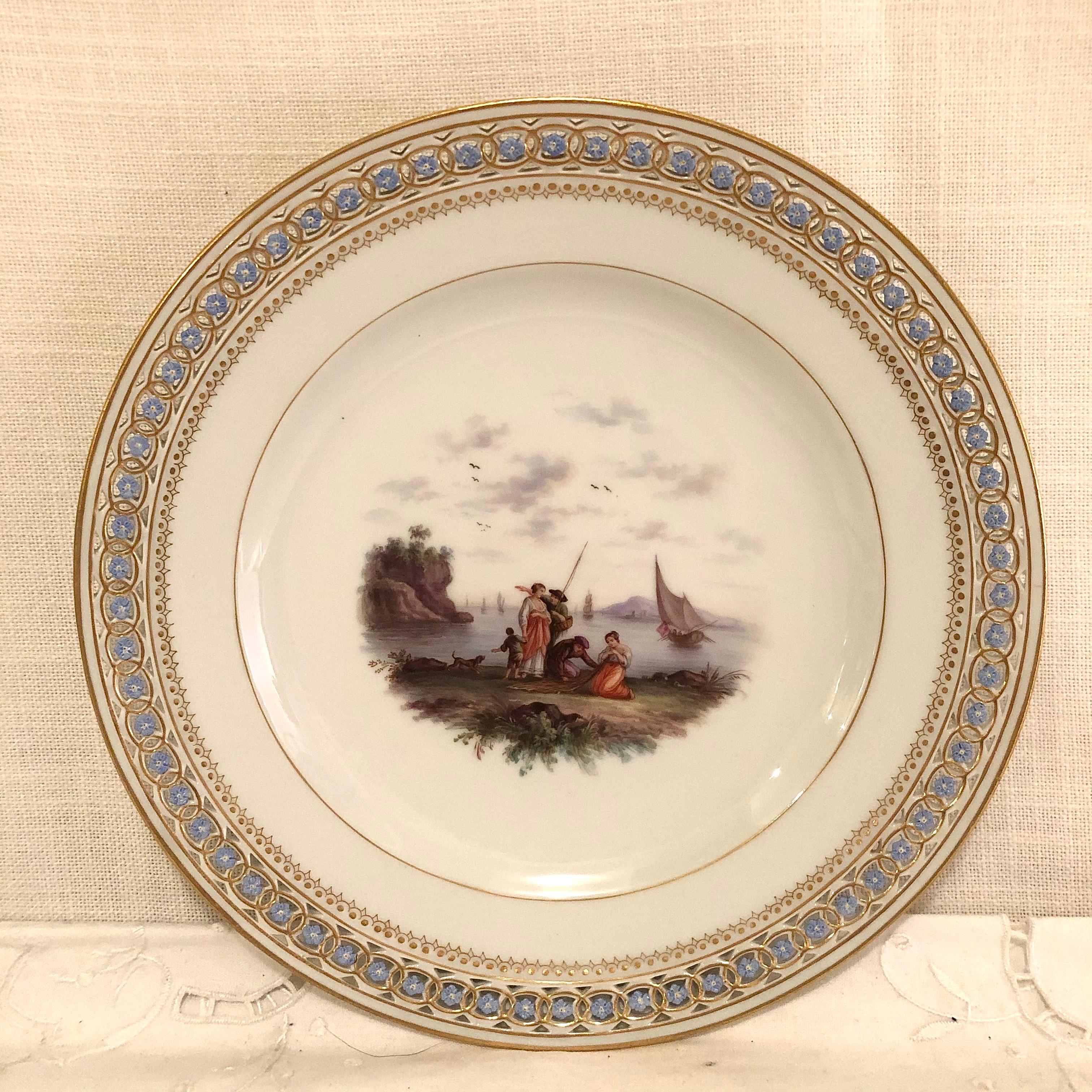 Meissen Reticulated Plate with Raised Forget Me Nots and Painting of a Seascape In Excellent Condition In Boston, MA