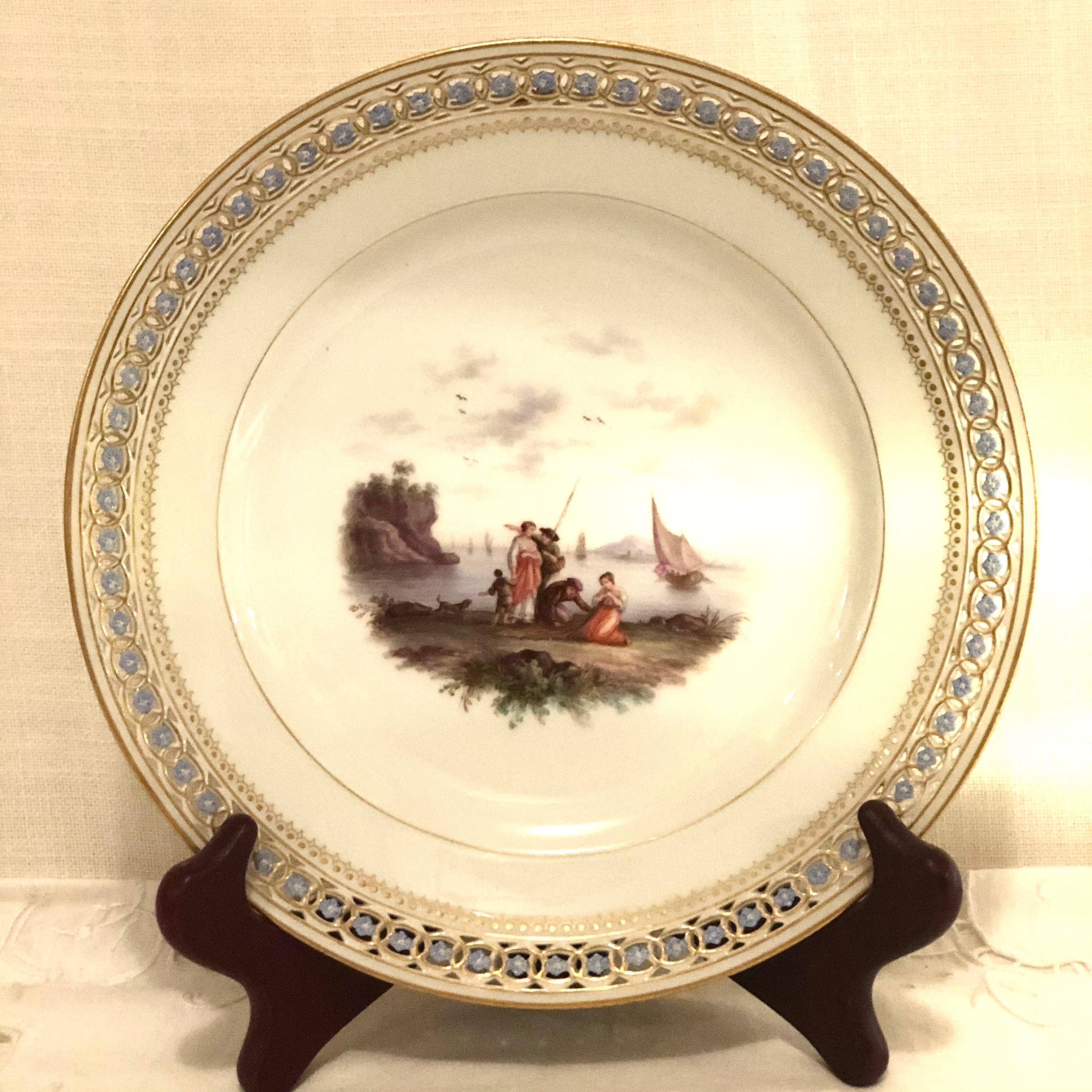 19th Century Meissen Reticulated Plate with Raised Forget Me Nots and Painting of a Seascape