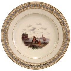 Assiette réticulée de Meissen avec myosotis en relief et peinture d'un paysage marin