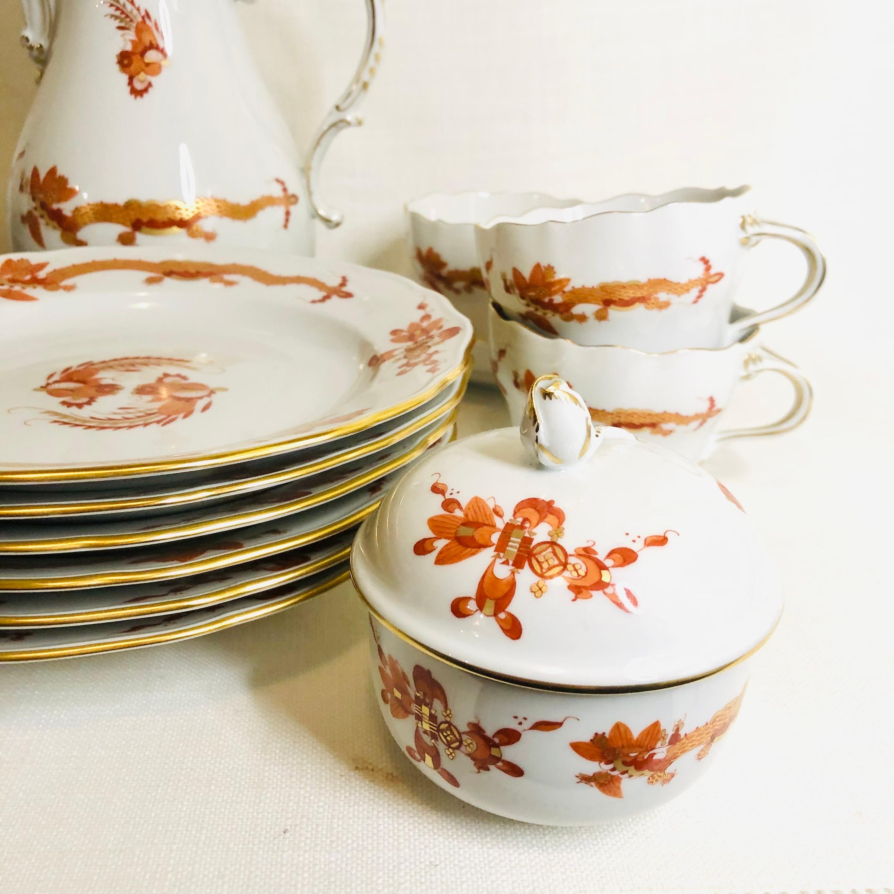 Chinese Export Meissen Rich Court Dragon Tea or Coffee Set With 6 Plates and 6 Cups & Saucers