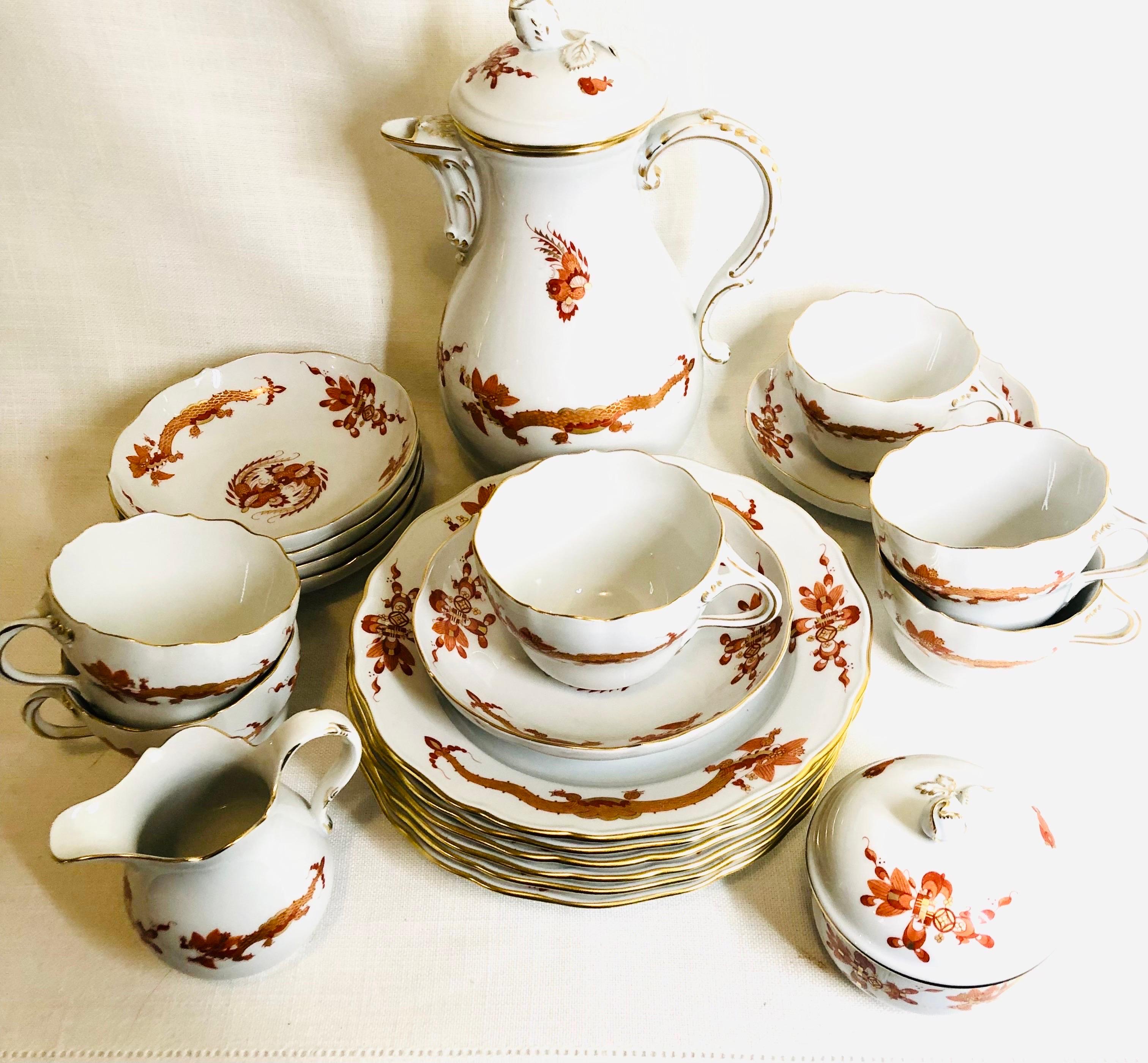 Hand-Painted Meissen Rich Court Dragon Tea or Coffee Set With 6 Plates and 6 Cups & Saucers