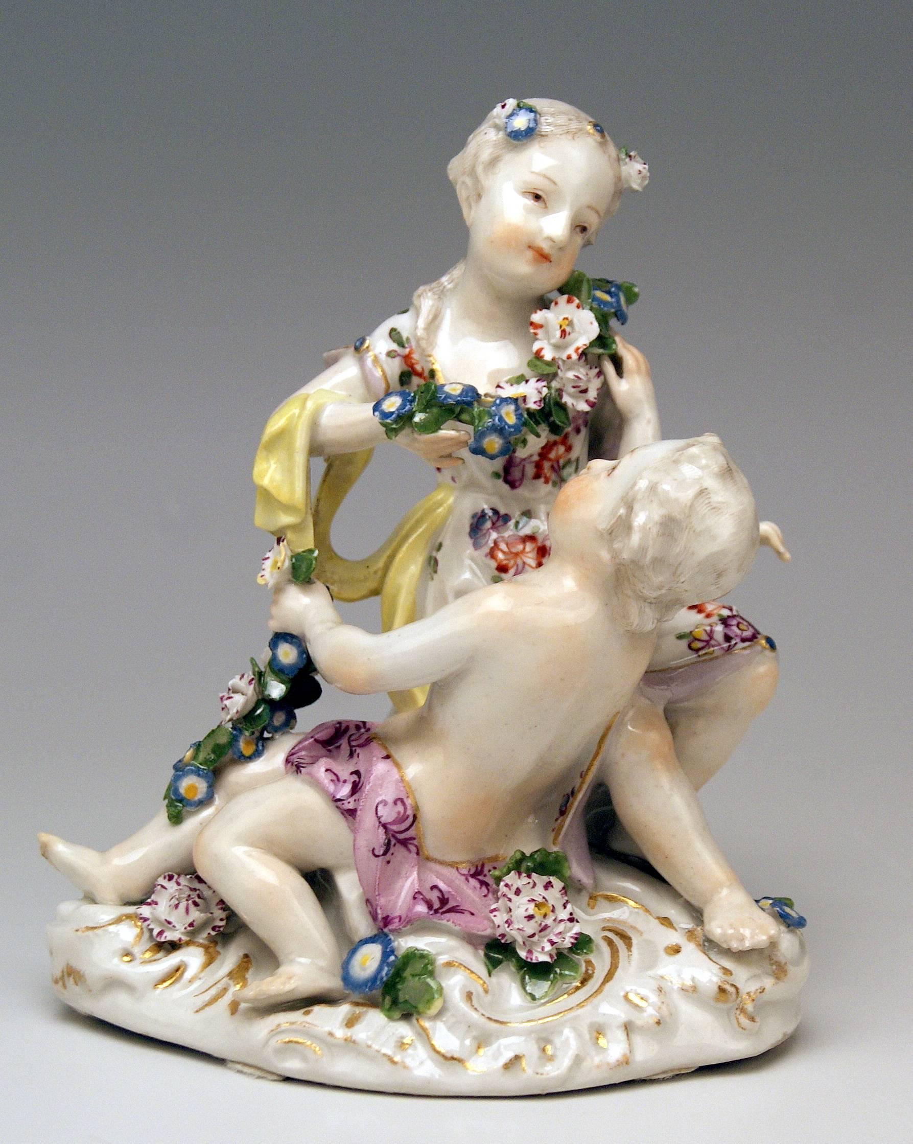Painted Meissen Rococo Cupids Pair Flora and Zephyr Model 2576 by Kaendler, circa 1760