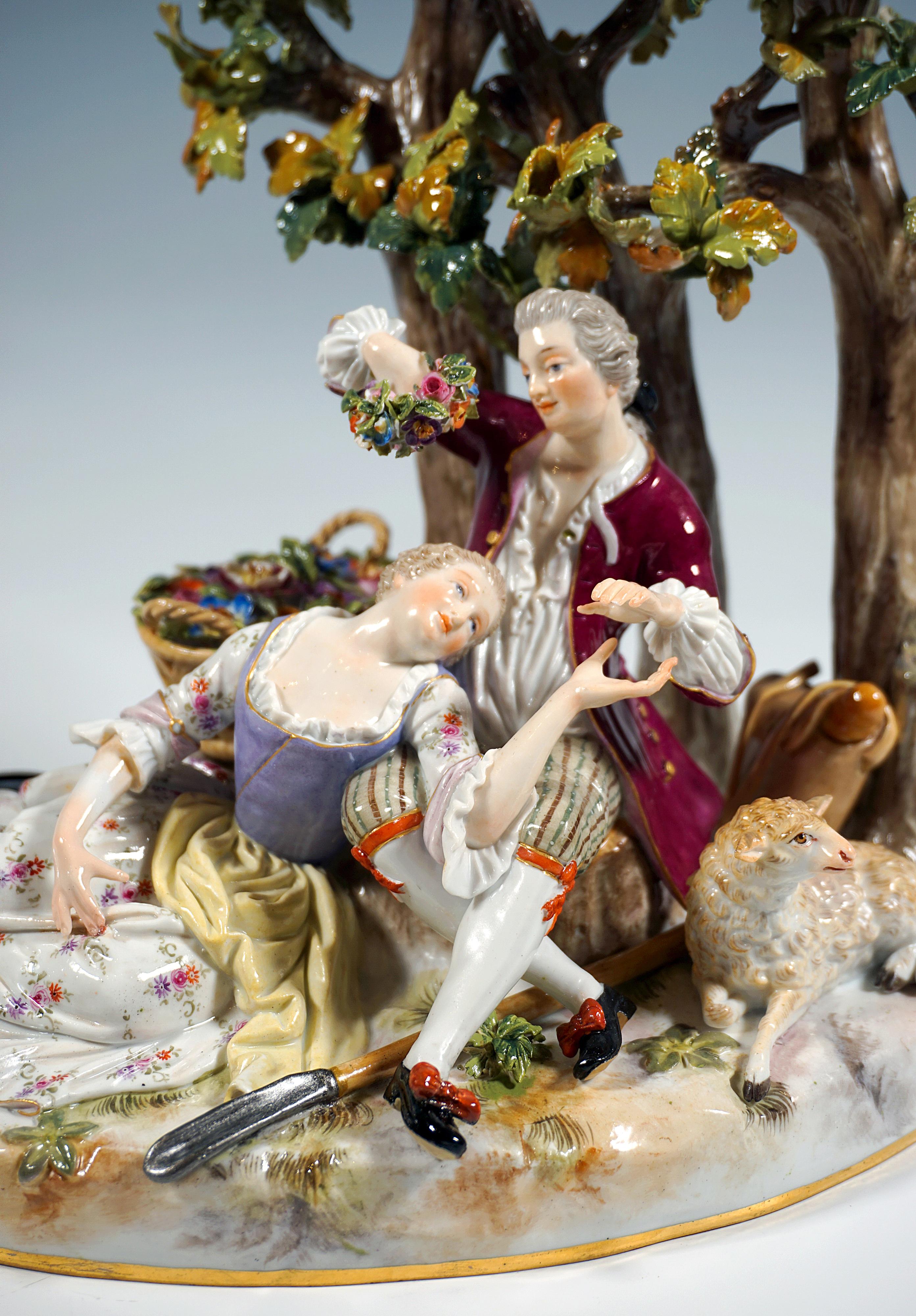Grupo rococó de Meissen, Pareja Shpherd bajo los árboles, por J.J. Kaendler, Ca 1860 en venta 2