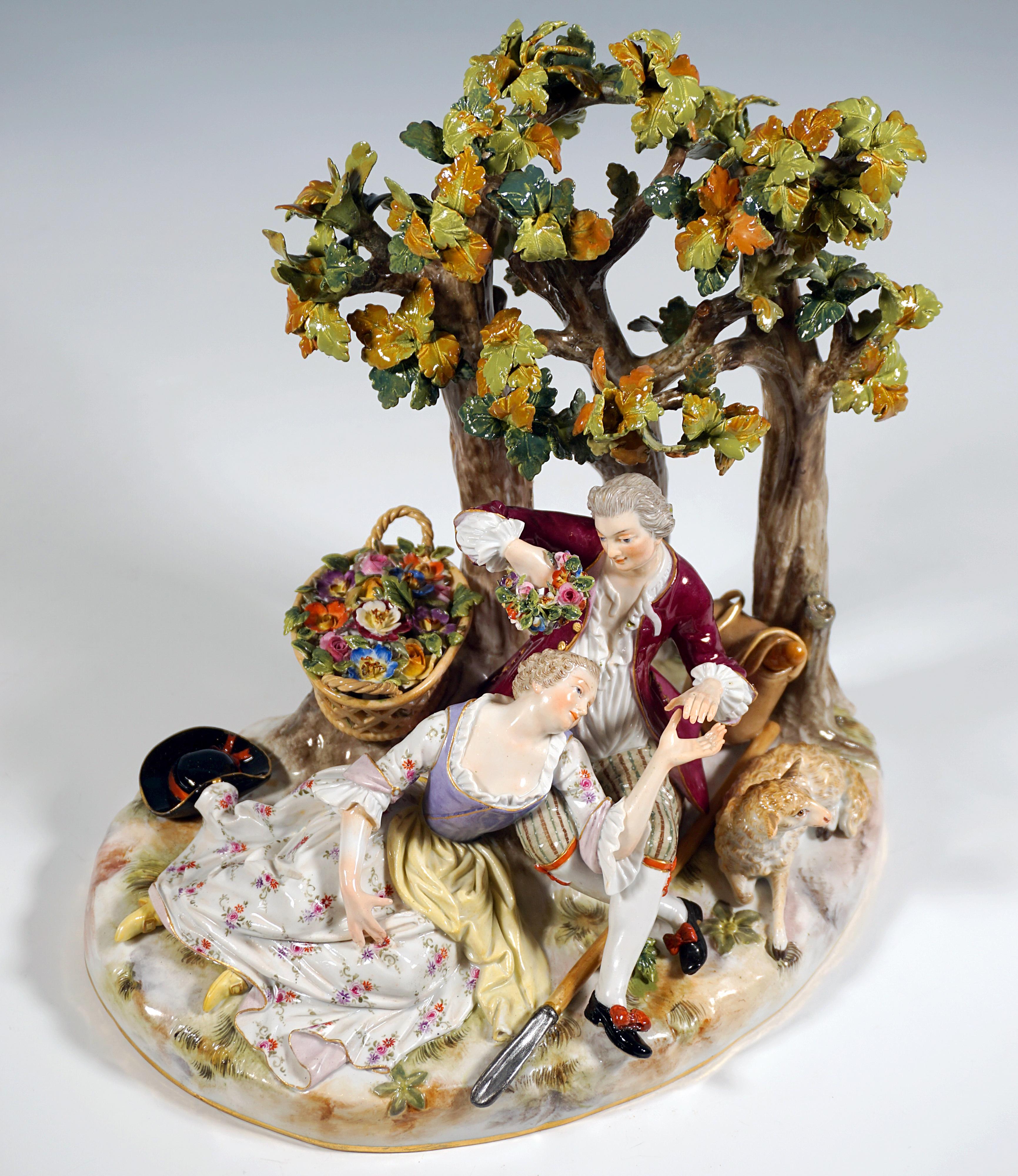 Grupo rococó de Meissen, Pareja Shpherd bajo los árboles, por J.J. Kaendler, Ca 1860 en Bueno estado para la venta en Vienna, AT