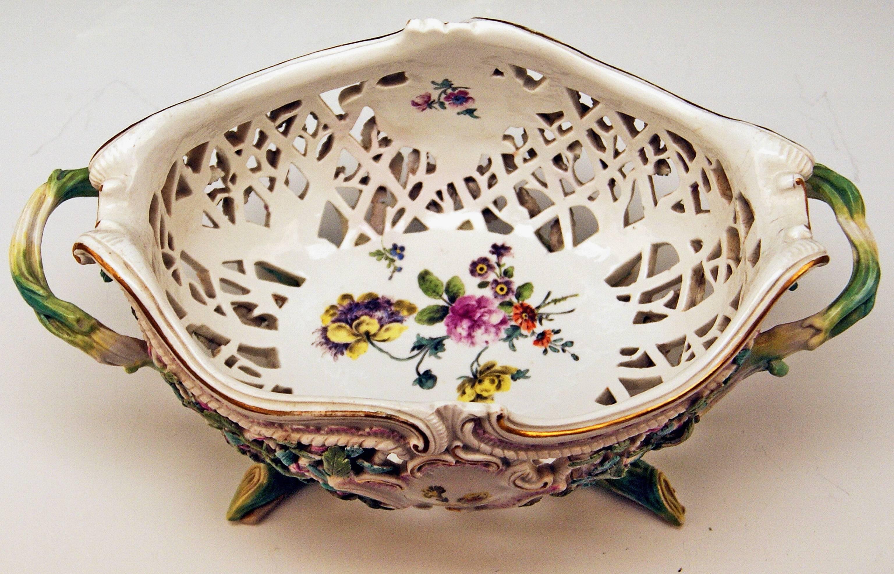 German Meissen Rococo Large Oval Reticulated Basket Bowl with Flowers, circa 1763-1773