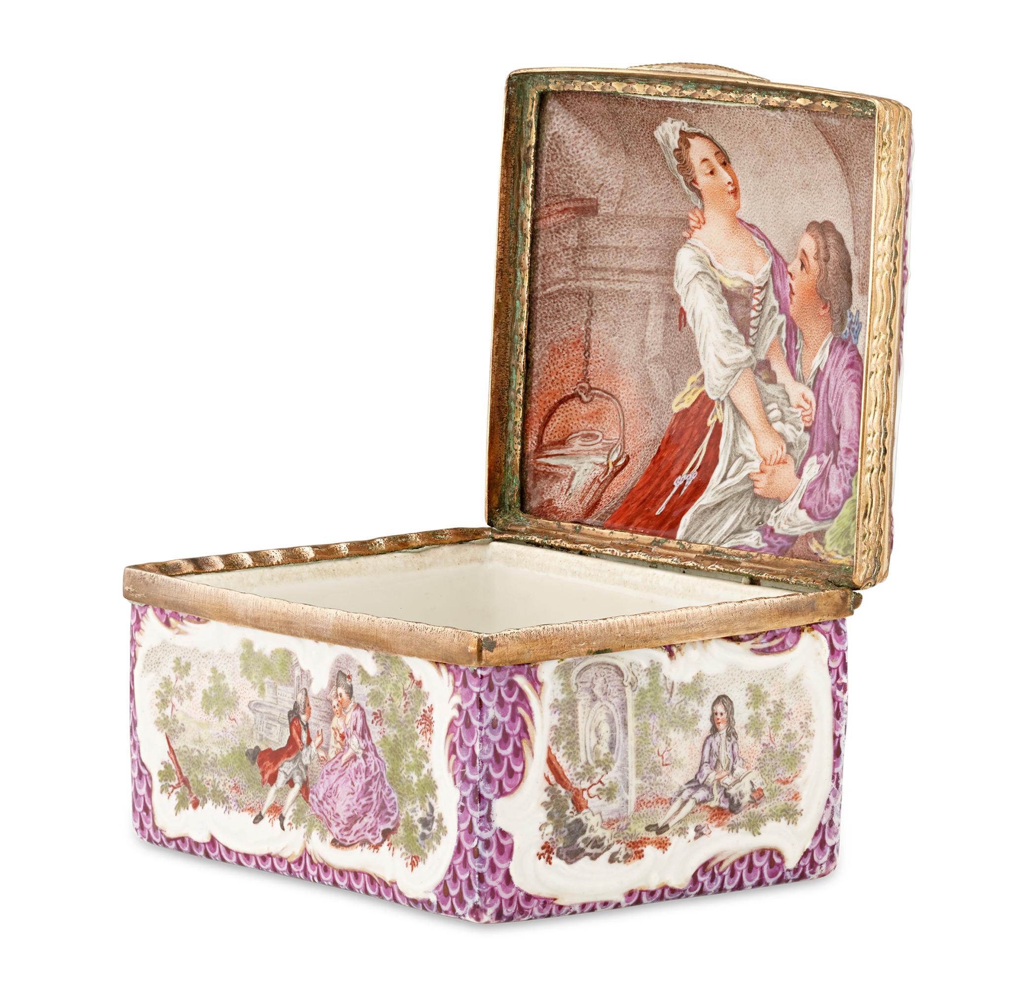Incredible hand-painted scenes inspired by Rococo master Antoine Watteau cover this magnificent Meissen porcelain box. Displaying romantic courtship scenes on each side, the casket is an exceptional example of the luxury firm's output. Meissen is