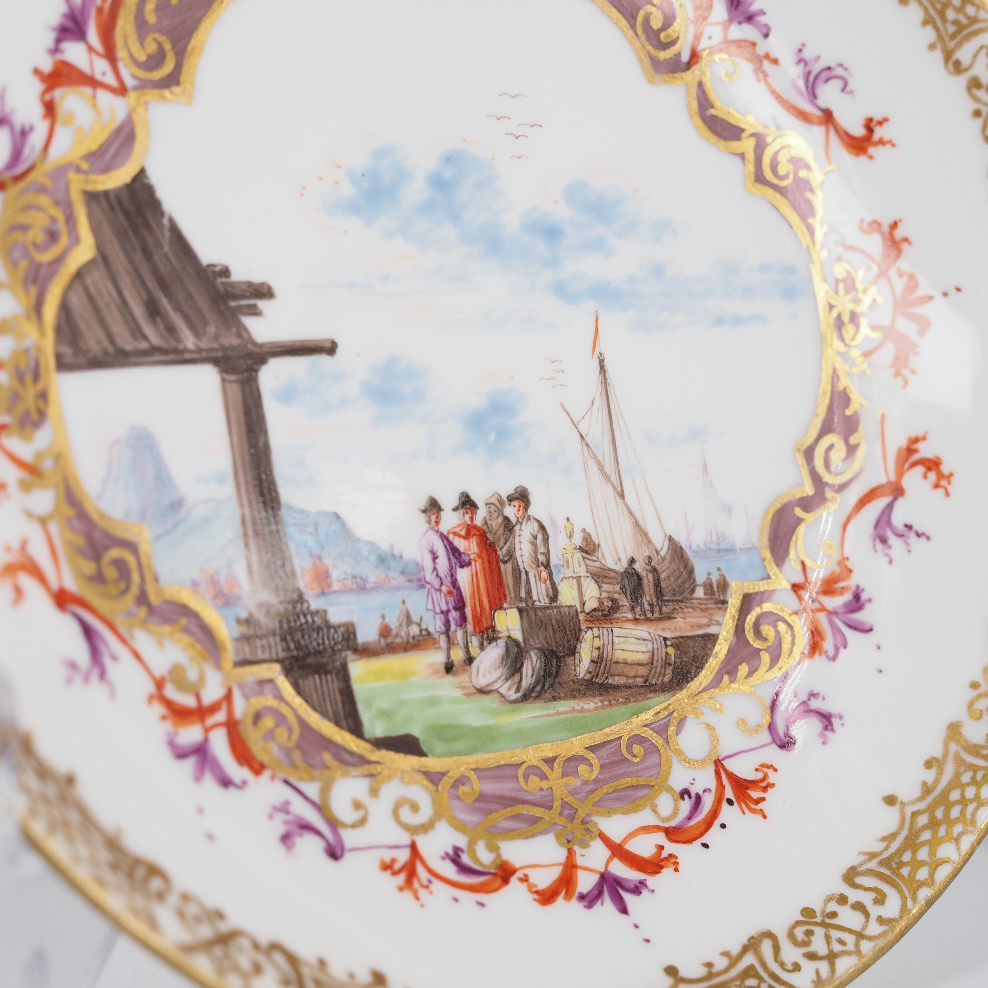 German Meissen Saucer with Harbour Scene, Elaborate Cartouche & Böttger Lustre, c. 1735 For Sale