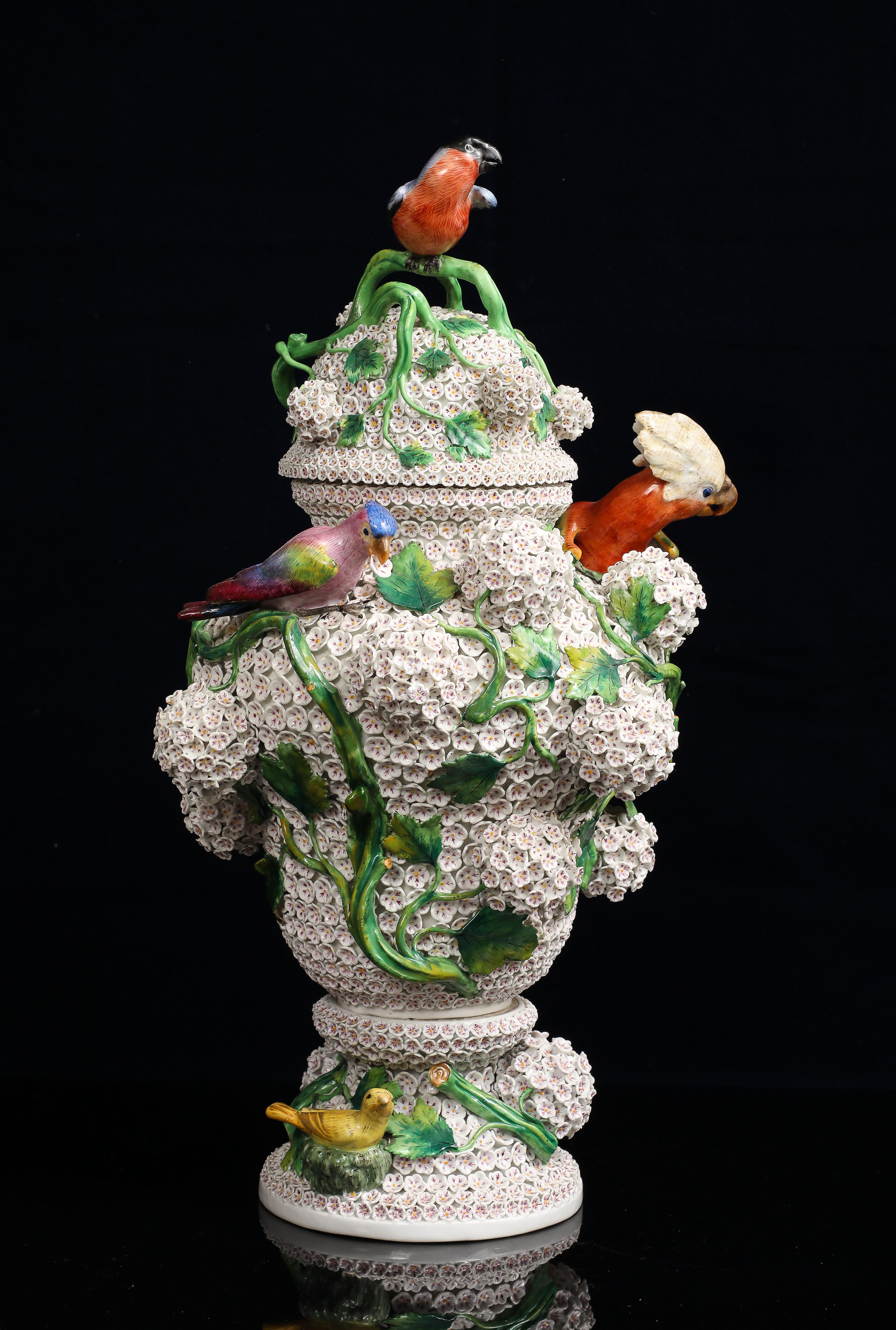 Rococo Meissen Schneeballen Covered Snowball Vase w/ Birds, Flowers, Leaves & Branches For Sale