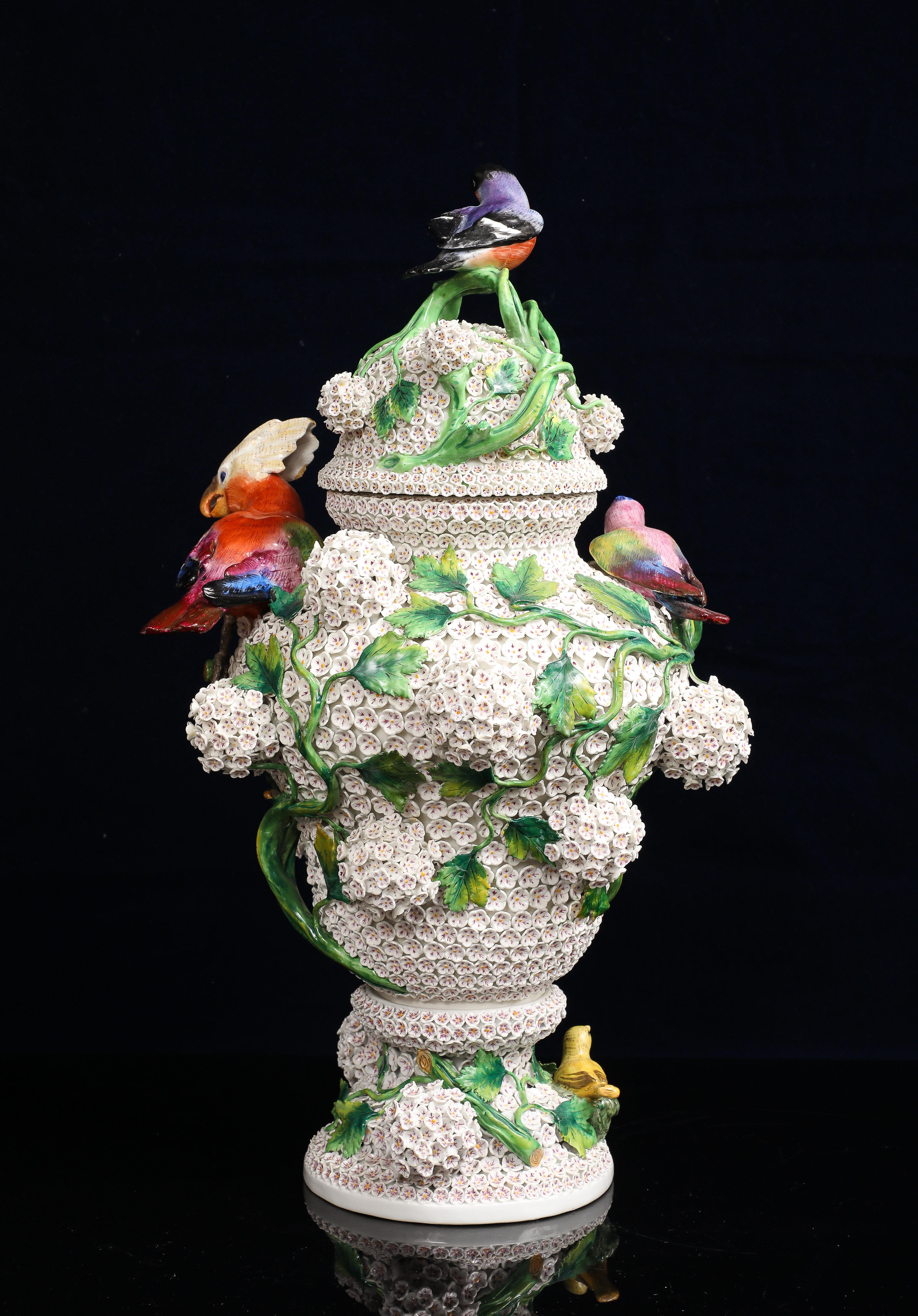 Enameled Meissen Schneeballen Covered Snowball Vase w/ Birds, Flowers, Leaves & Branches For Sale