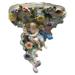 Meissen School Figural Cherub & Floral Hand Painted Porcelain Wall Shelf C1890