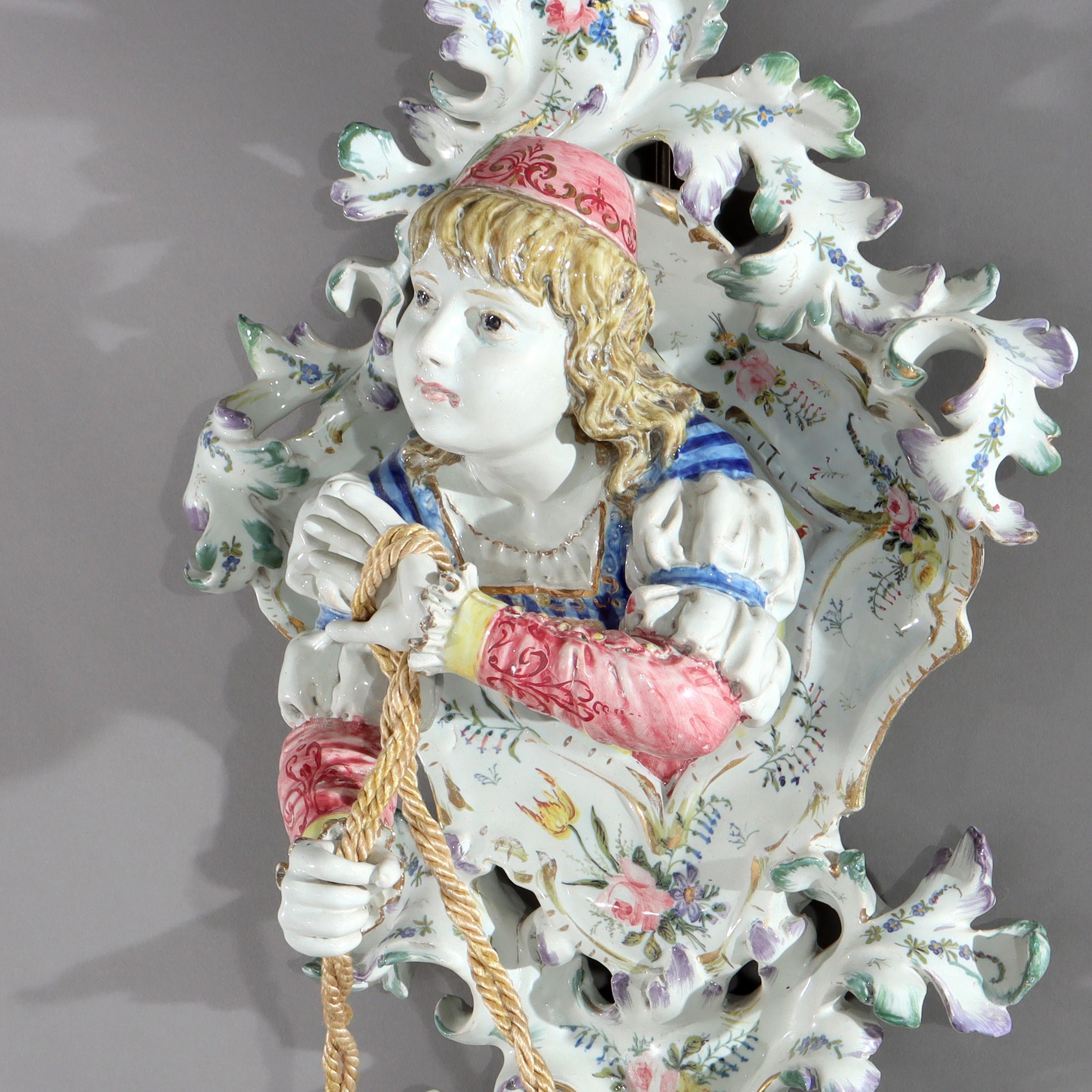 High Glaze Porcelain Figural & Floral Wall Sconce with Young Boy in the Manner of Meissen 20thC

Measures- 26.5