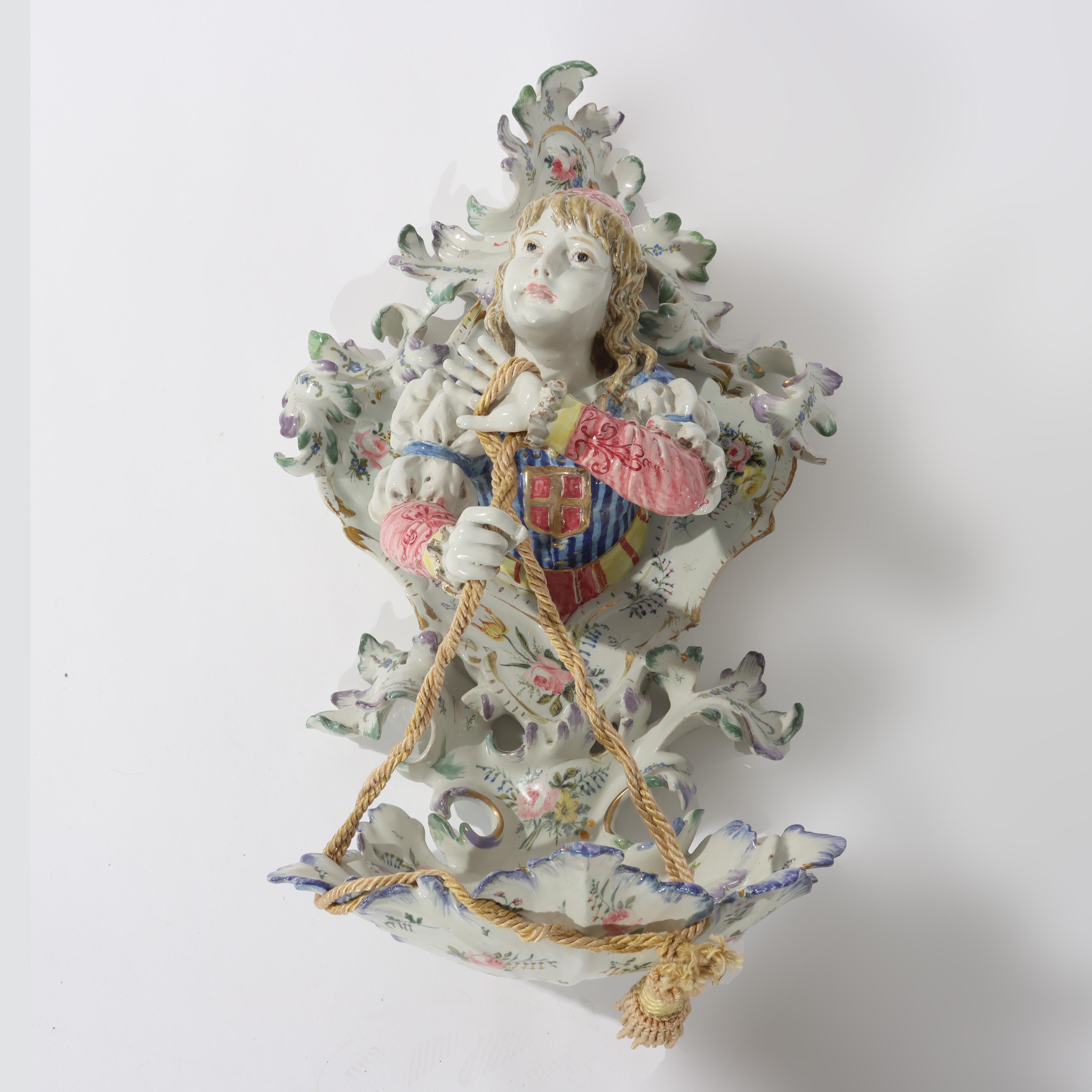 Meissen School High Glaze Porcelain Figural & Floral Wall Sconce with Boy 20thC In Good Condition For Sale In Big Flats, NY