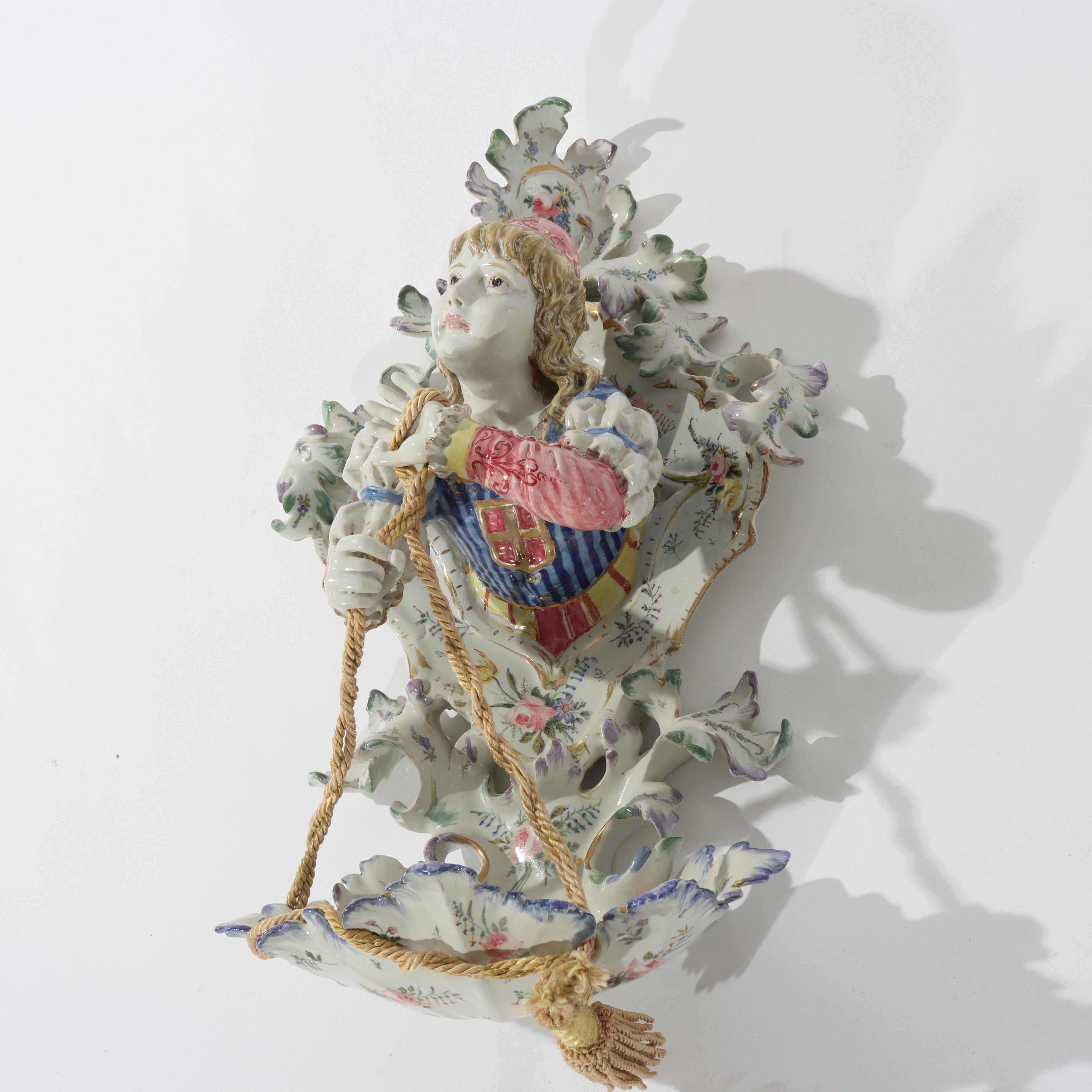 20th Century Meissen School High Glaze Porcelain Figural & Floral Wall Sconce with Boy 20thC For Sale