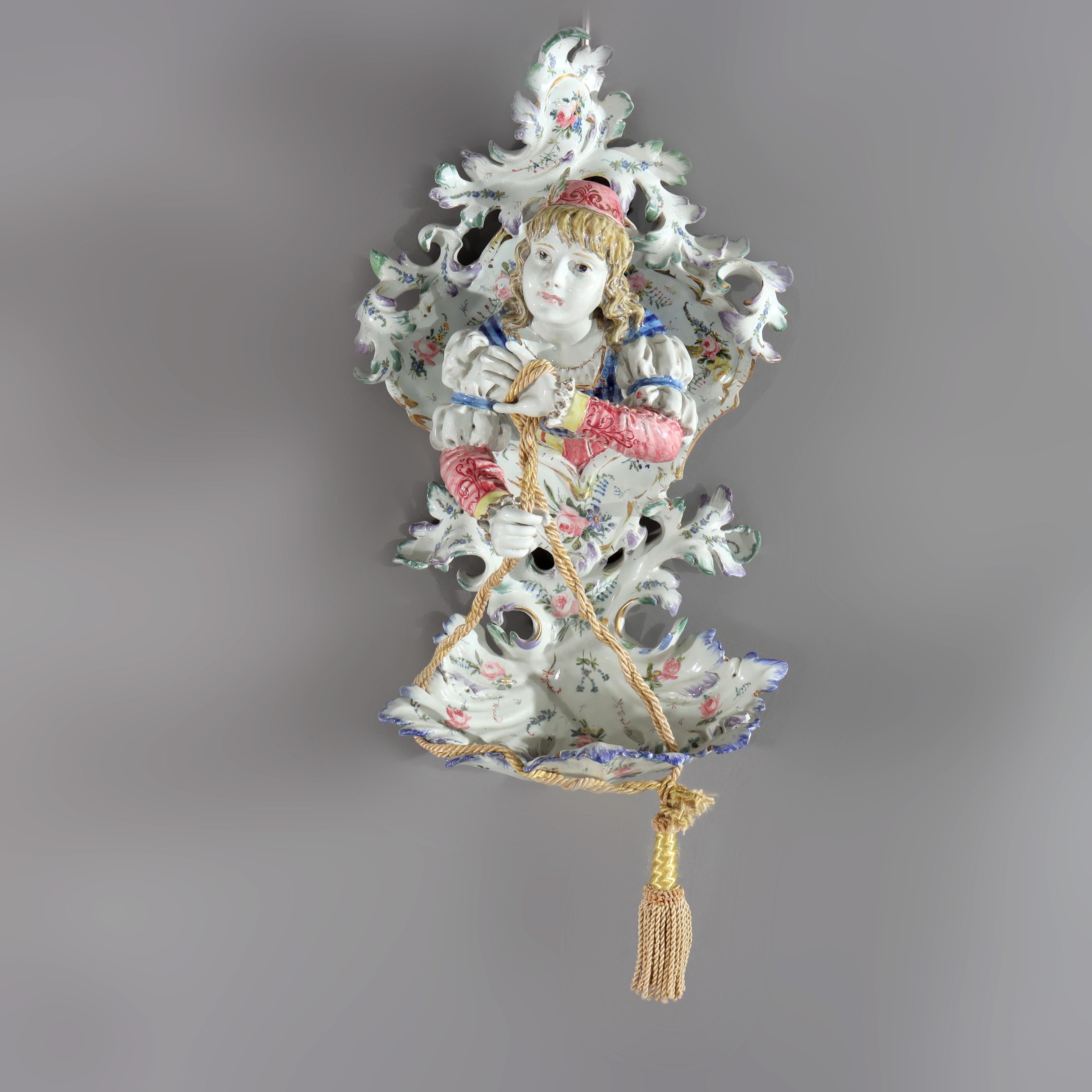 Meissen School High Glaze Porcelain Figural & Floral Wall Sconce with Boy 20thC For Sale 1