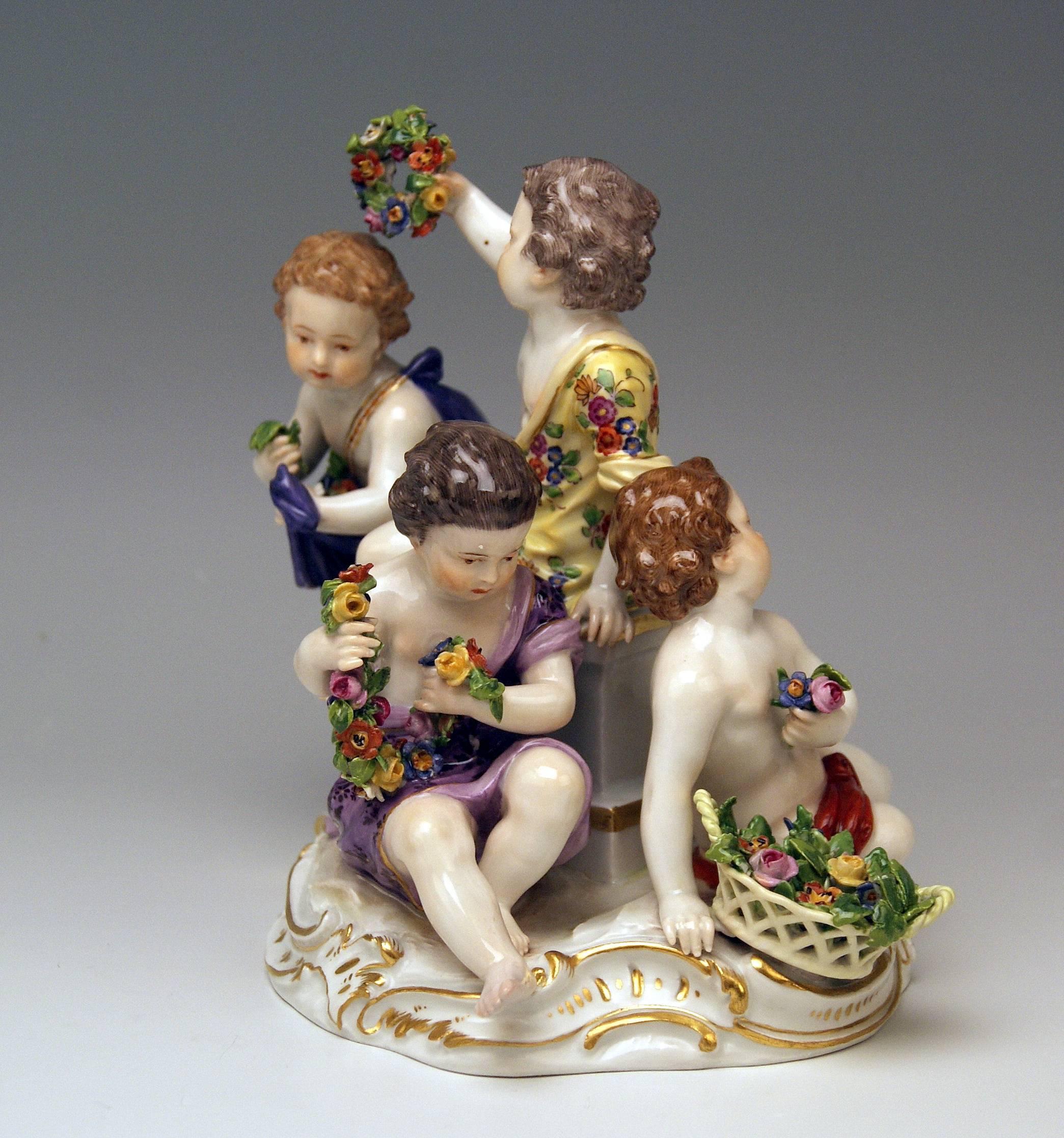 Meissen lovely figurines of stunning appearance:
Cherubs presented as allegory of spring (= seasons' group of figurines)
Model 2502

Measures:
height 6.89 inches (17.5 cm)
width 6.69 inches (17.0 cm)
depth 5.04 inches (12.8