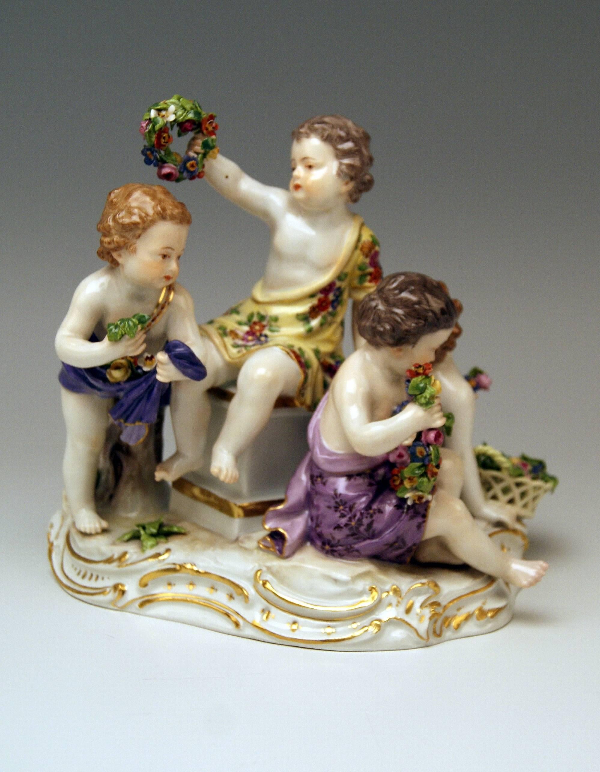 Painted Meissen Seasons Figurines Cupids Allegory of Spring Model 2502 Kaendler For Sale