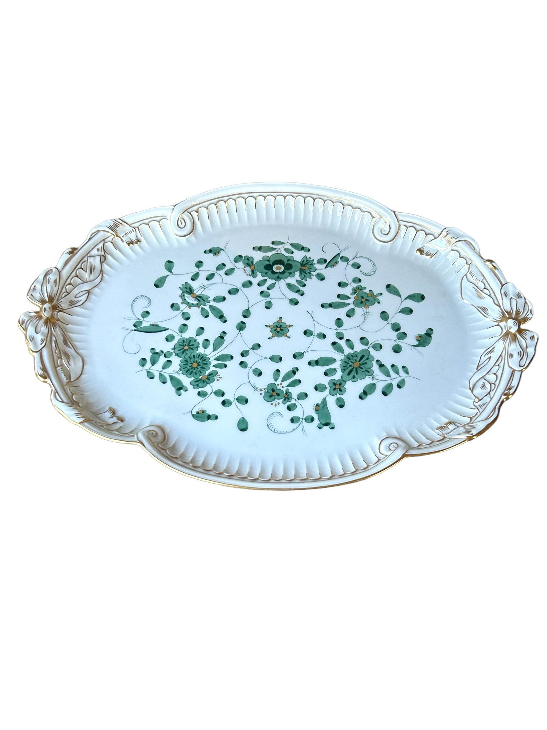 Meissen Serving Tray with Green Decorations and Gold Trim For Sale