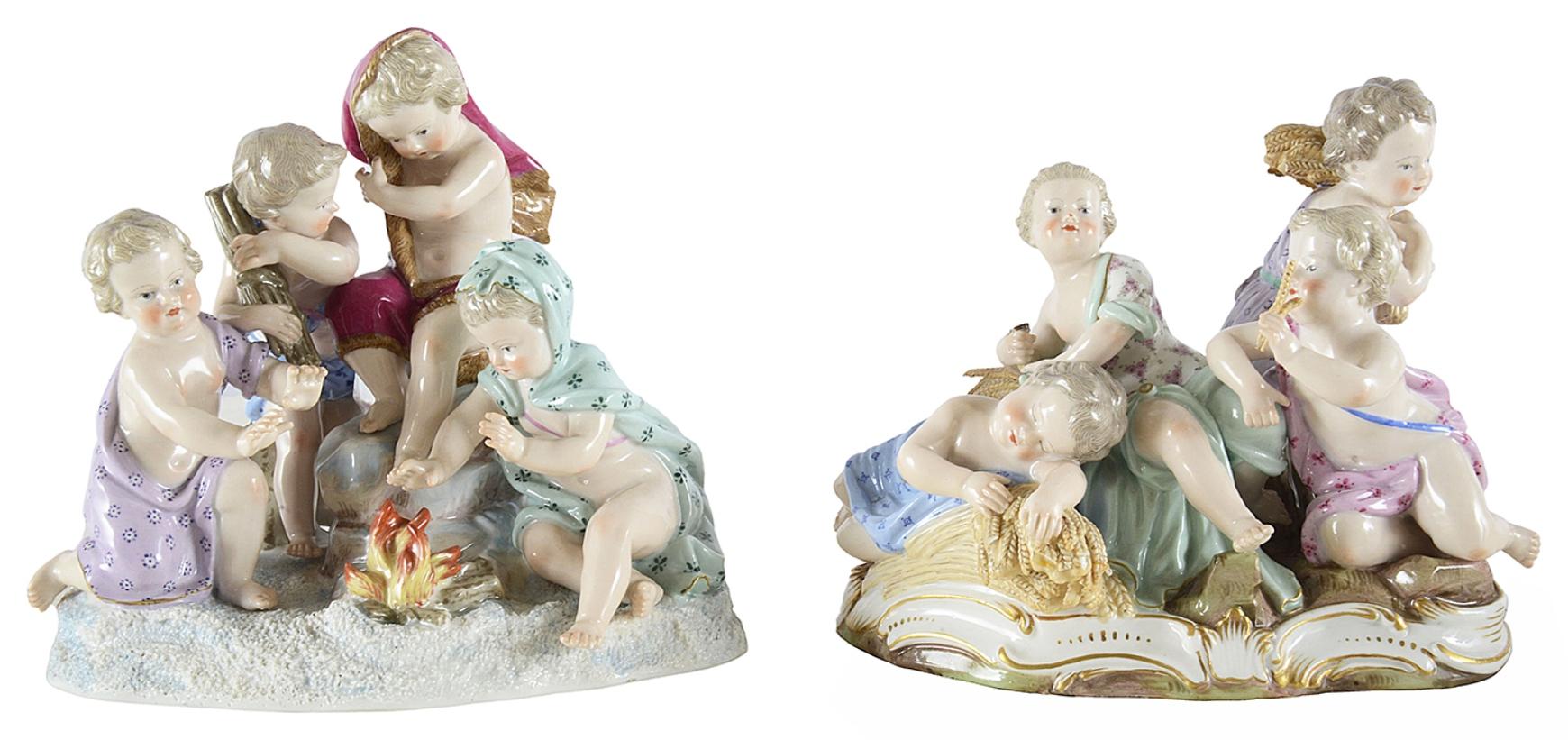 An enchanting set of four, late 19th century Meissen porcelain groups, depicting the four seasons, each with putti playing around a logs fire, a bail of hay, picking grapes and garlands of flowers.
Blue underglaze crossed swords to the bases.