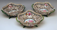 Meissen Set of Three Oval Reticulated Basket Bowls with Flowers, circa 1850