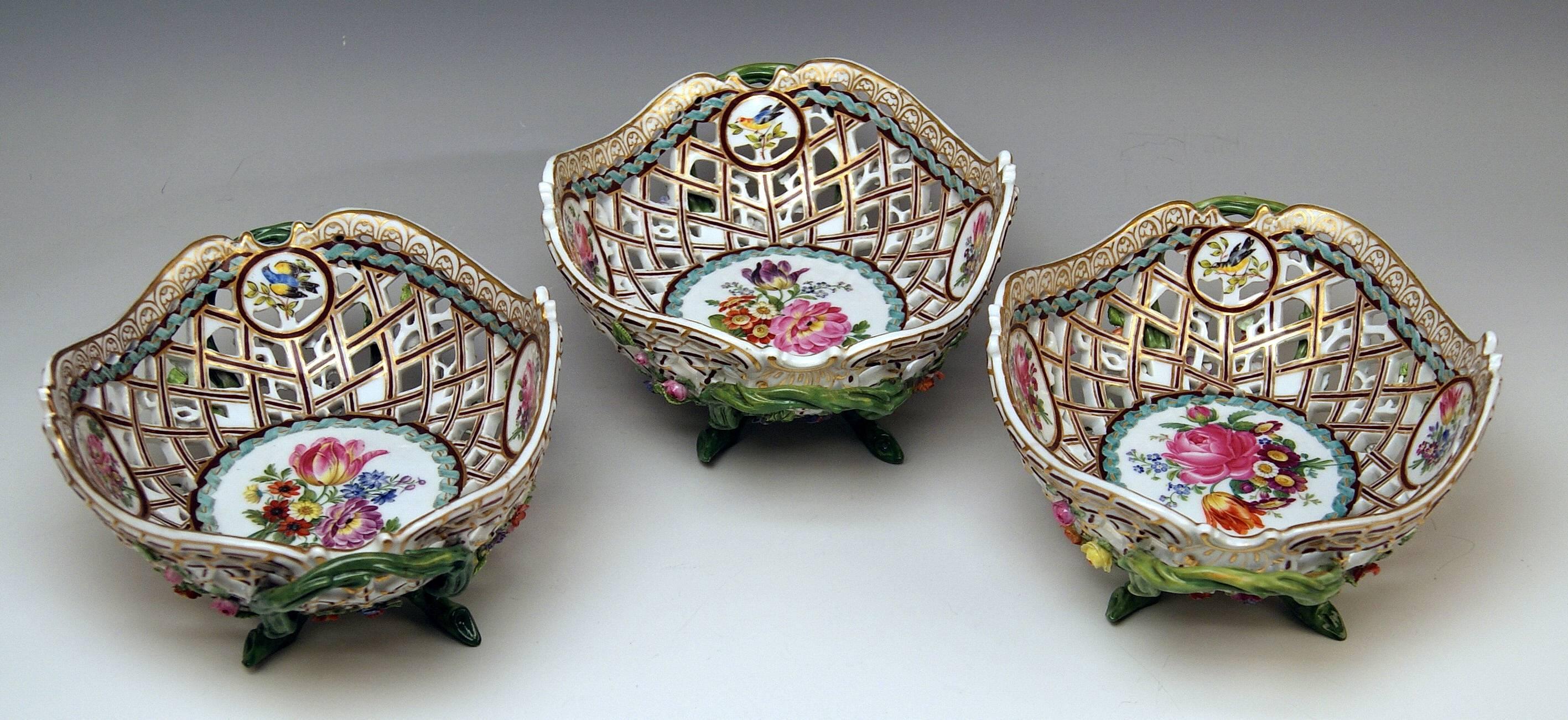 Rococo Meissen Set of Three Oval Reticulated Basket Bowls with Flowers, circa 1850